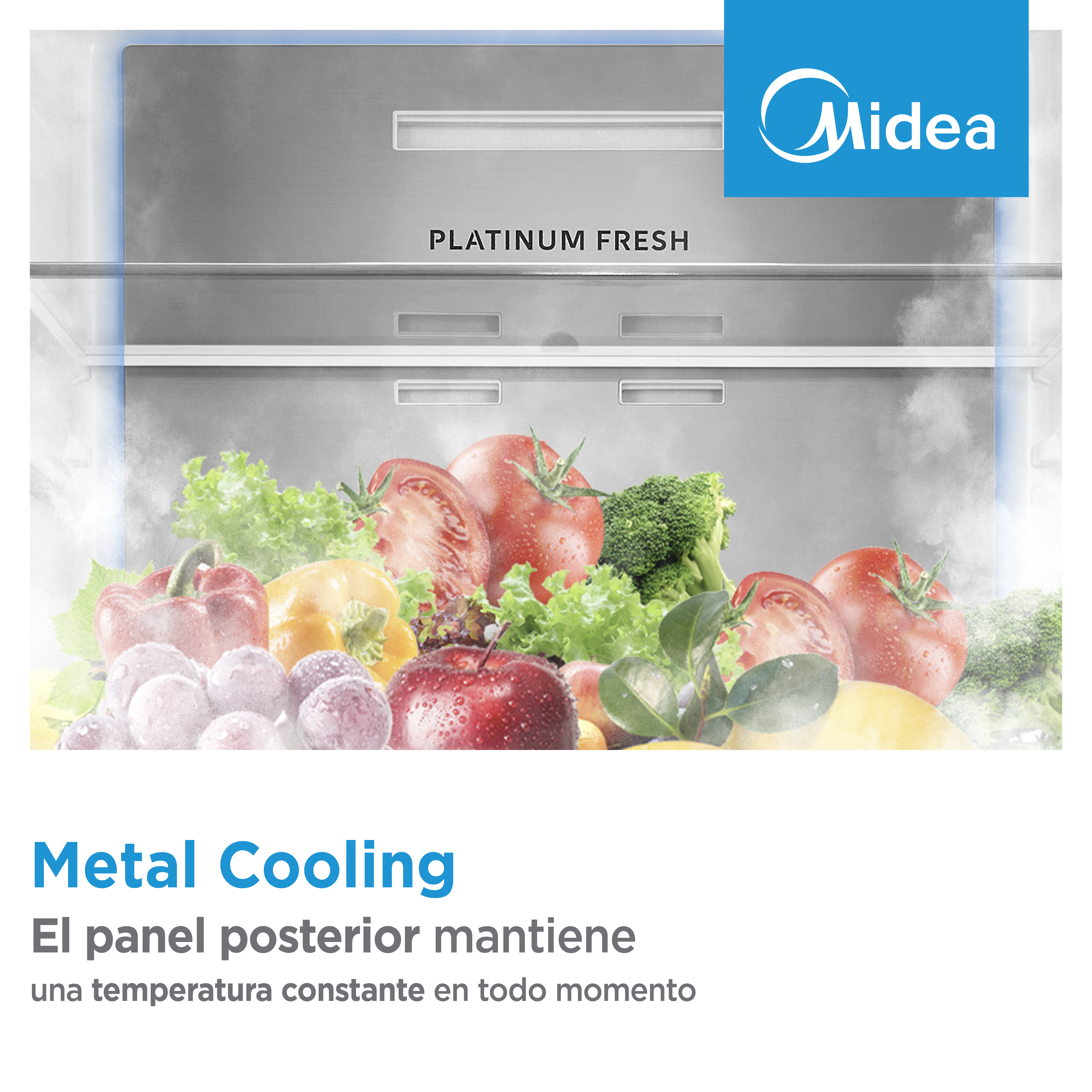 Refrigerador Midea lleno de verduras y frutas frescas con Metal Cooling.