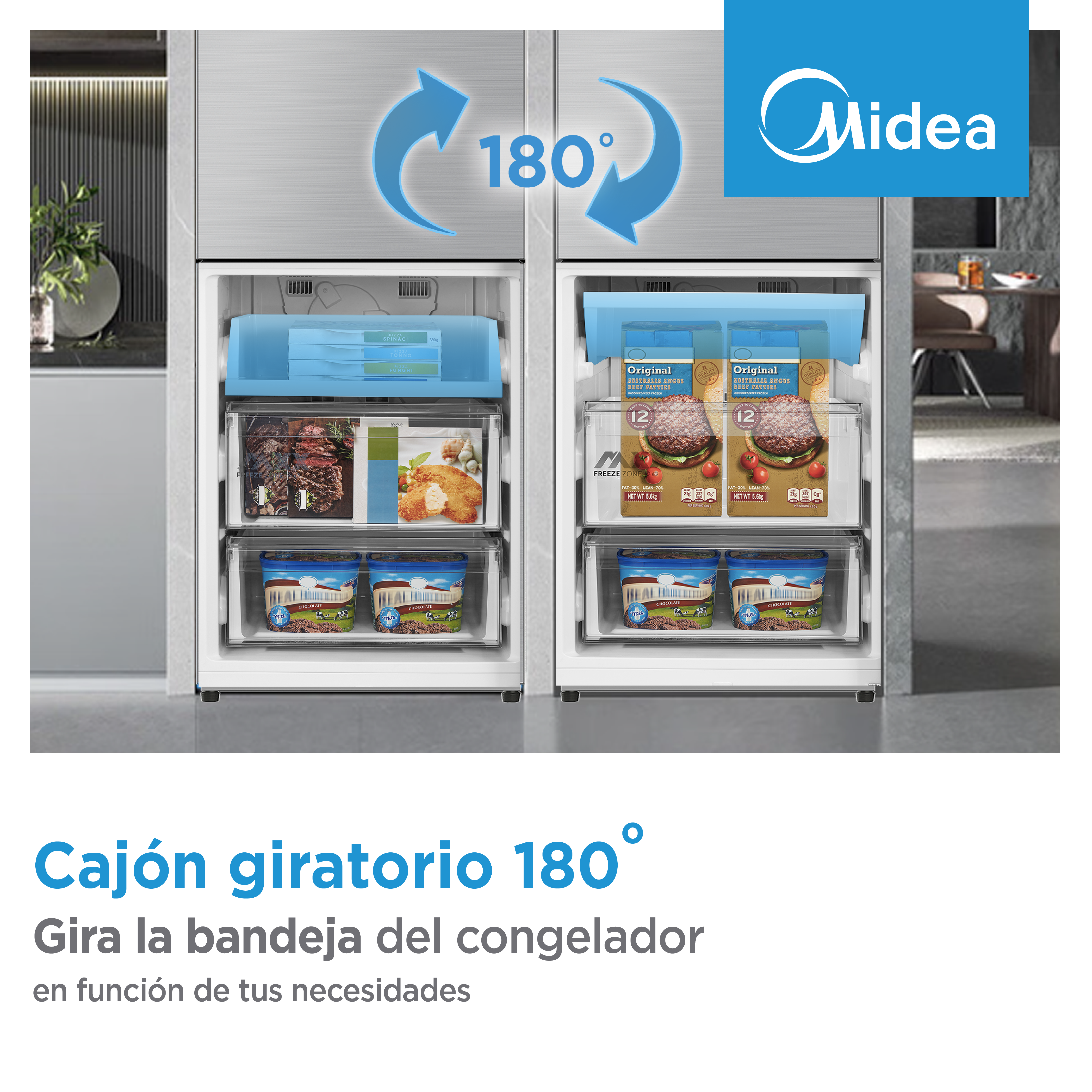 Congelador Midea con función de cajón giratorio de 180 grados y alimentos.