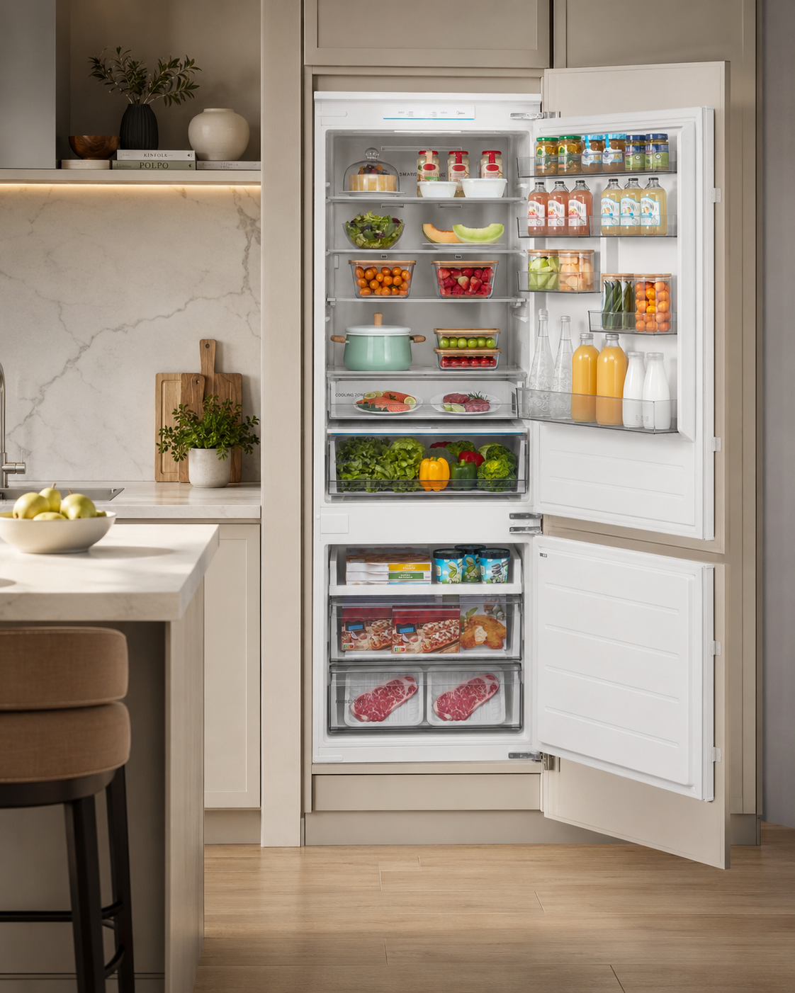 Frigorífico empotrable abierto en una cocina moderna, lleno de alimentos frescos y bebidas.