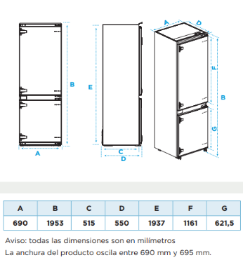 Dibujo técnico de un frigorífico con tabla de dimensiones y medidas en milímetros.