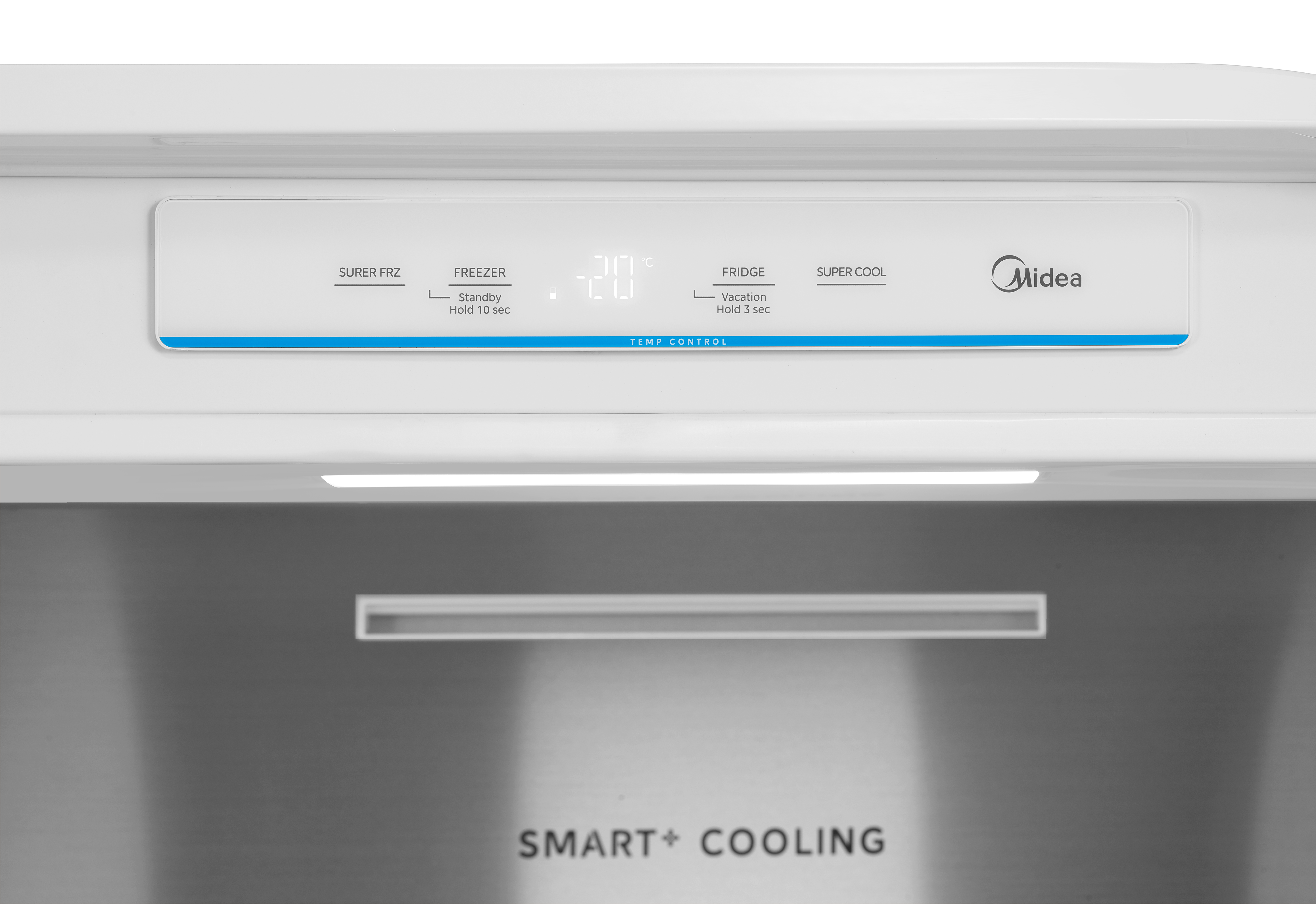 Panel de control del refrigerador Midea con pantalla digital que muestra -20 grados Celsius y Smart Cooling.