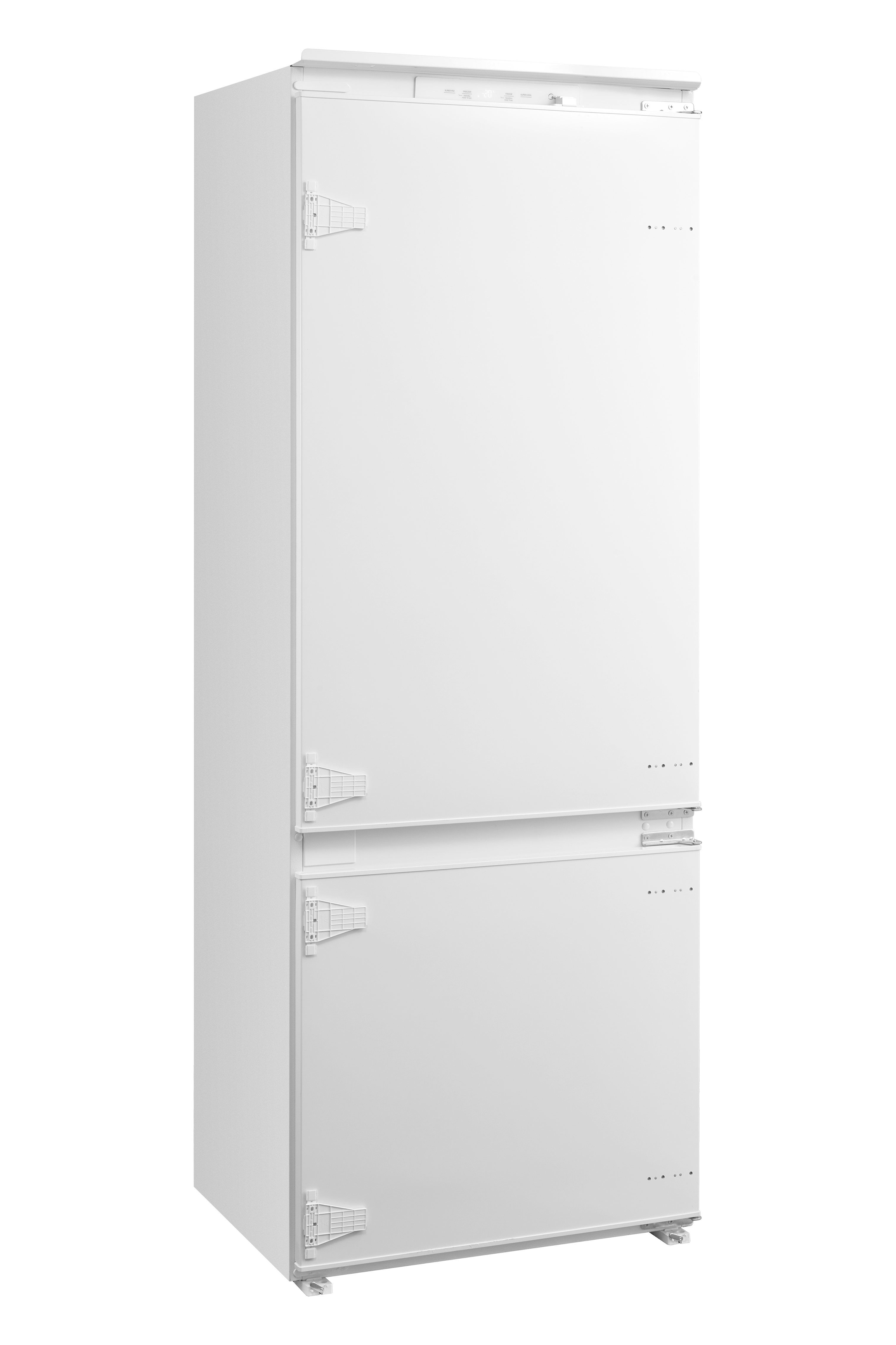 Un refrigerador empotrable blanco con dos puertas sobre fondo negro.