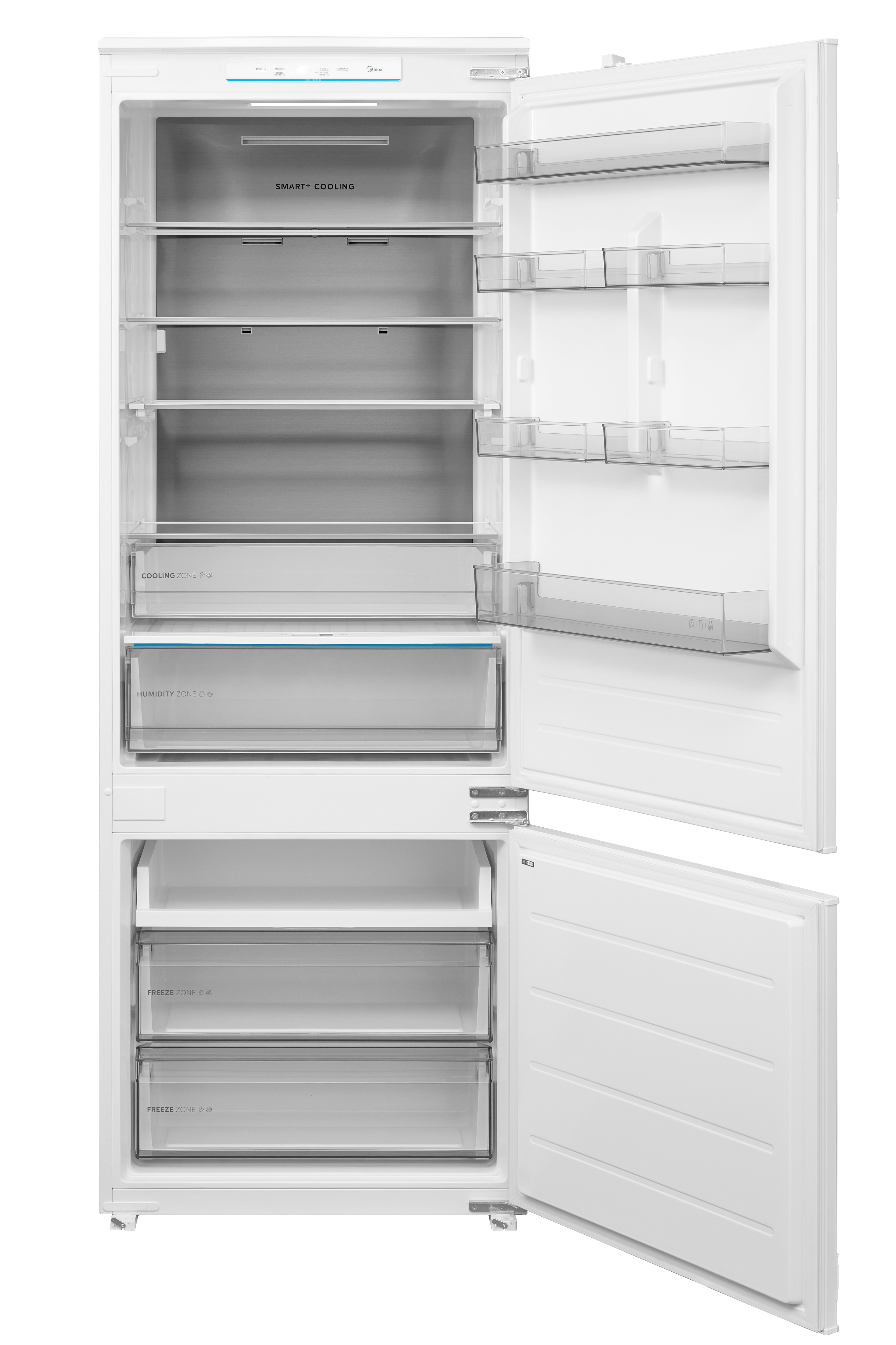 Refrigerador blanco abierto con estantes de vidrio, compartimentos y cajones.