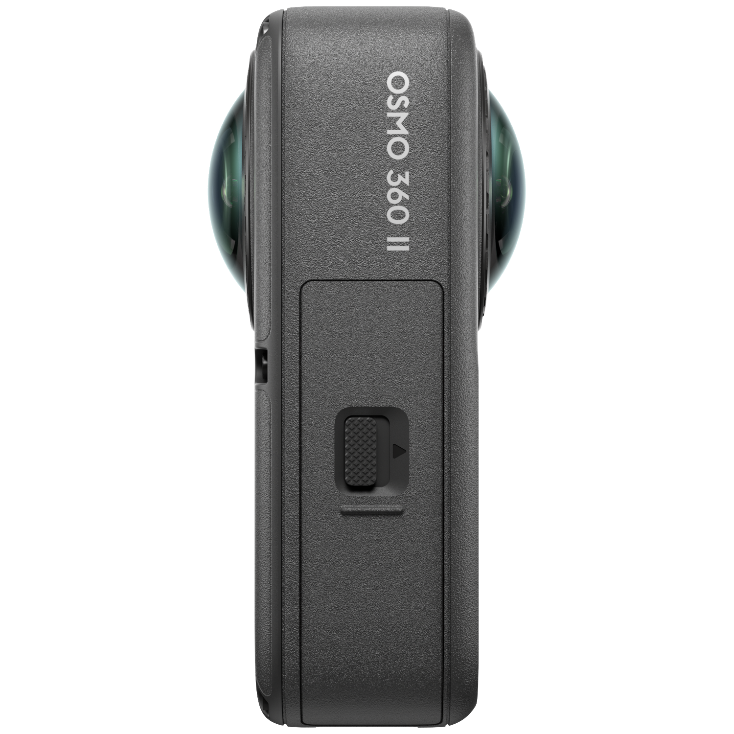 Caméra d'action grise Osmo 360 II en orientation verticale avec deux lentilles saillantes sur fond noir.