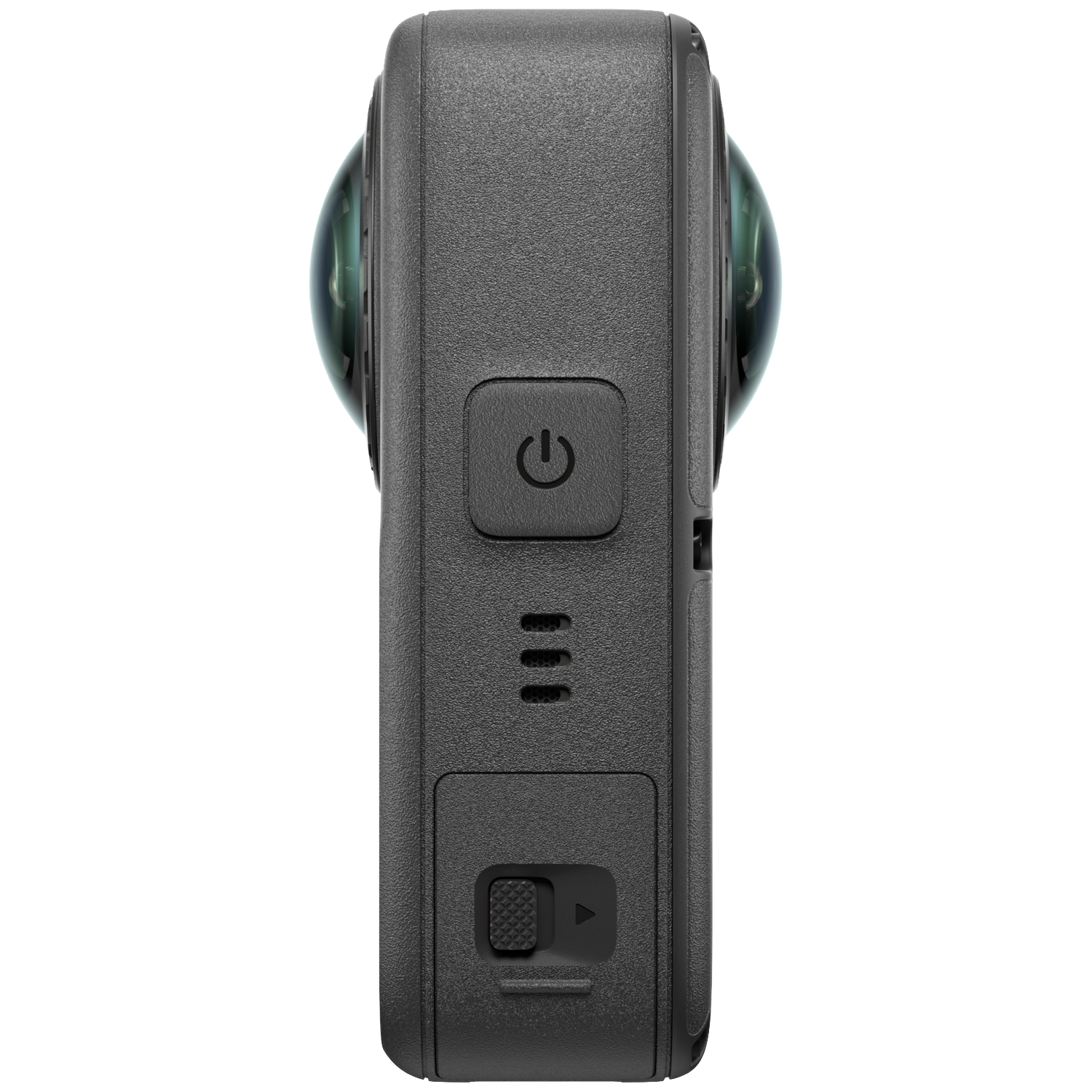 Une caméra d'action 360 noire montre son profil latéral, son bouton d'alimentation, son haut-parleur et son loquet sur fond noir.