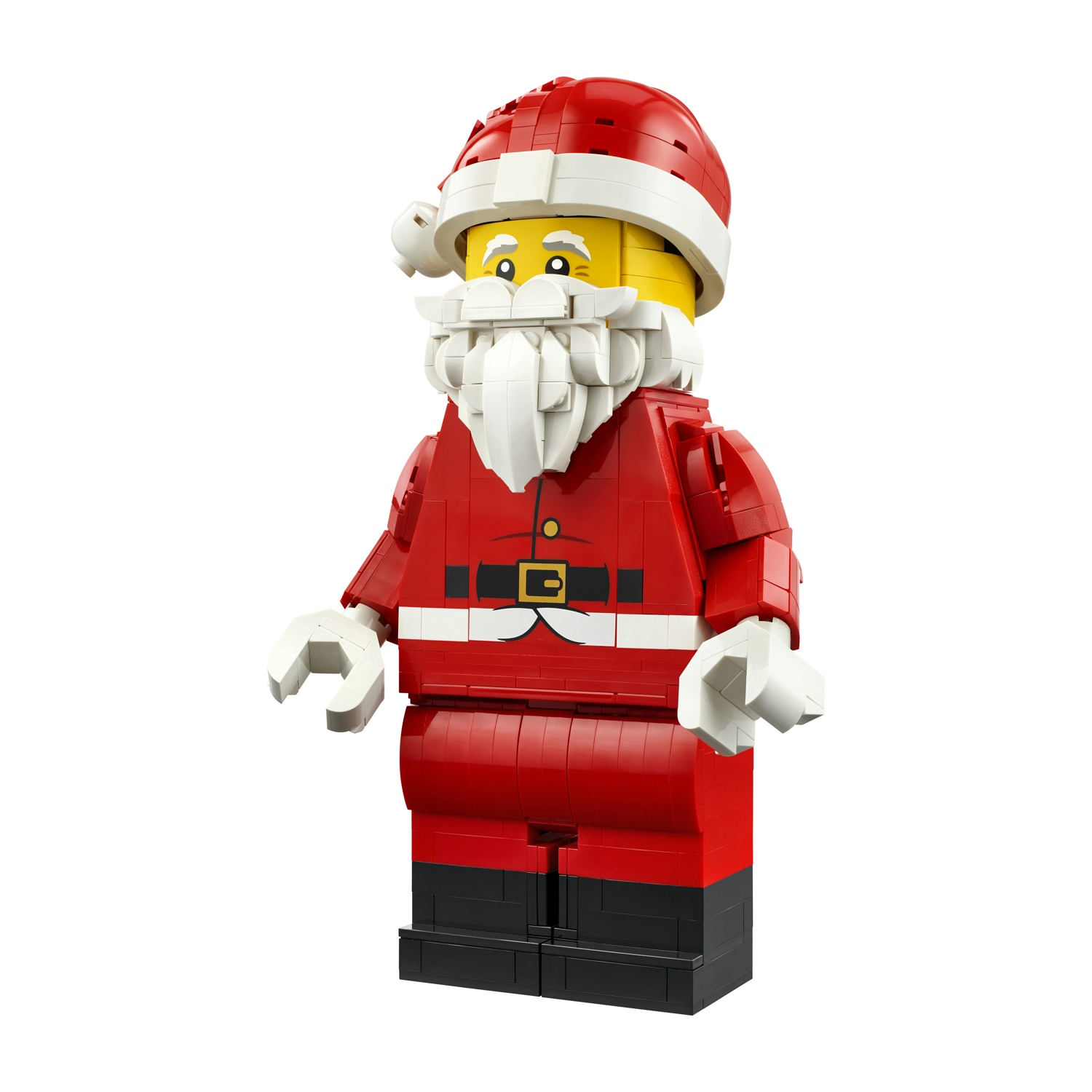 Una minifigura Lego di Babbo Natale in abito rosso con barba bianca e cappello rosso su sfondo bianco.