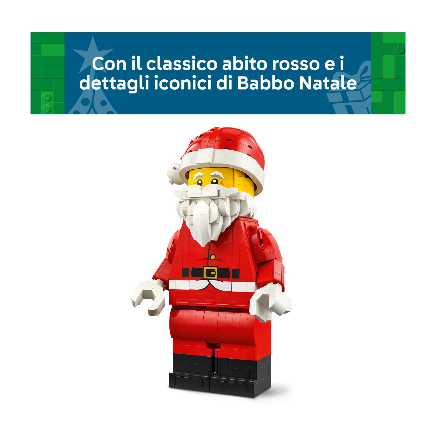 Una minifigura Lego di Babbo Natale in abito rosso con barba e cappello bianchi davanti a un banner blu con testo.