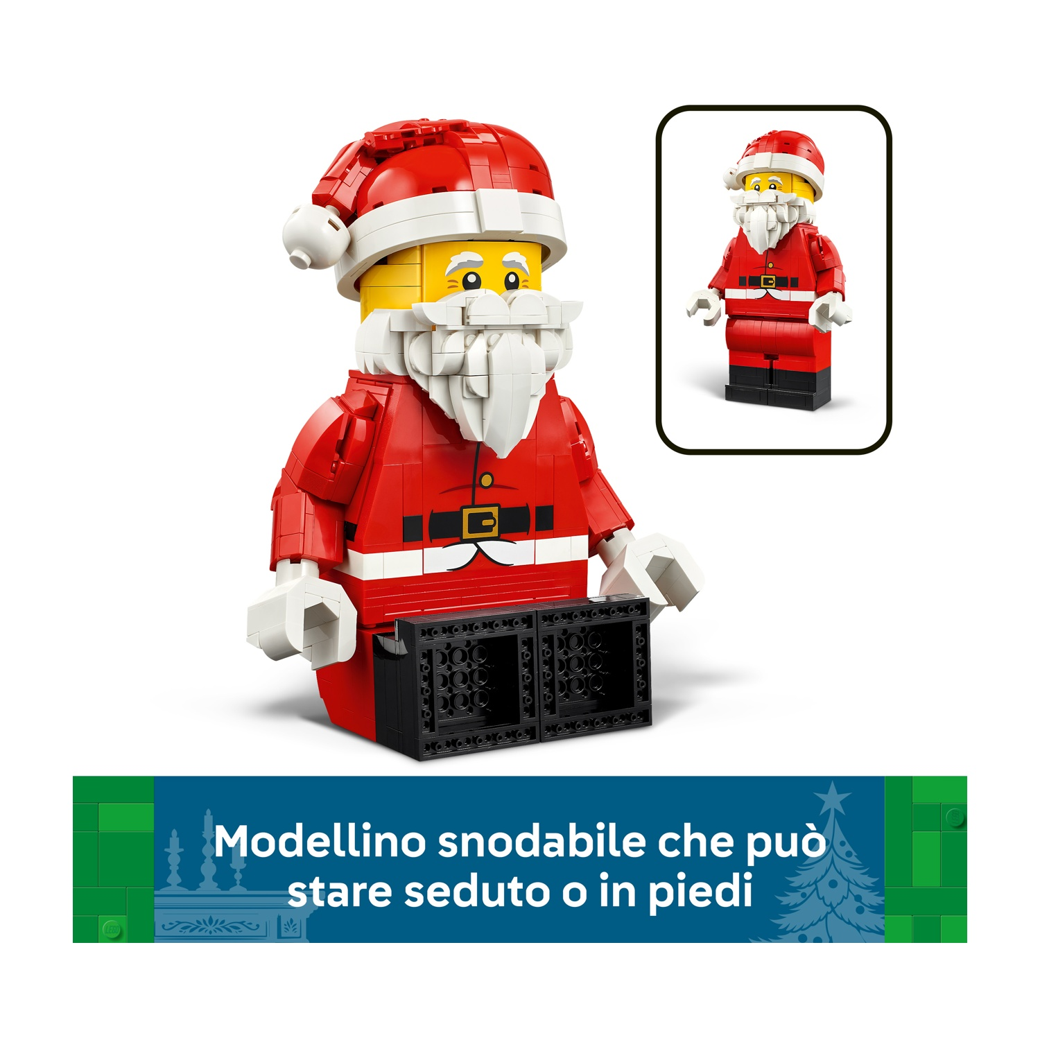 Figura di Babbo Natale Lego con barba bianca, vestito rosso, cappello e piccola anteprima in alto a destra.