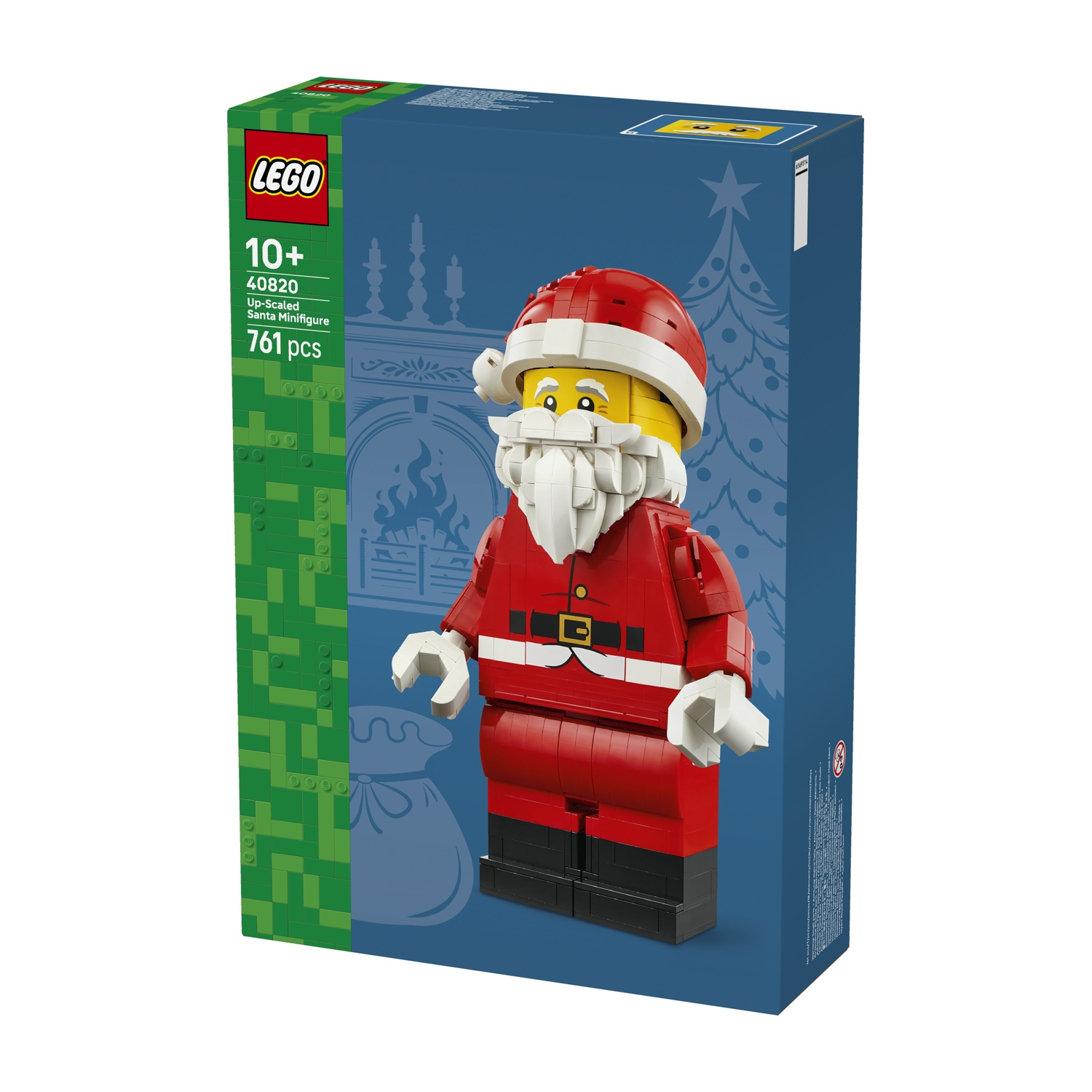 La scatola del prodotto mostra una minifigure LEGO di Babbo Natale ingrandita su sfondo blu con grafiche festive.