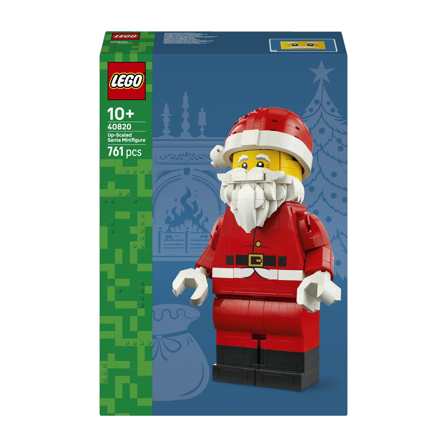 Scatola LEGO con una minifigura di Babbo Natale ingrandita su sfondo blu con albero di Natale.