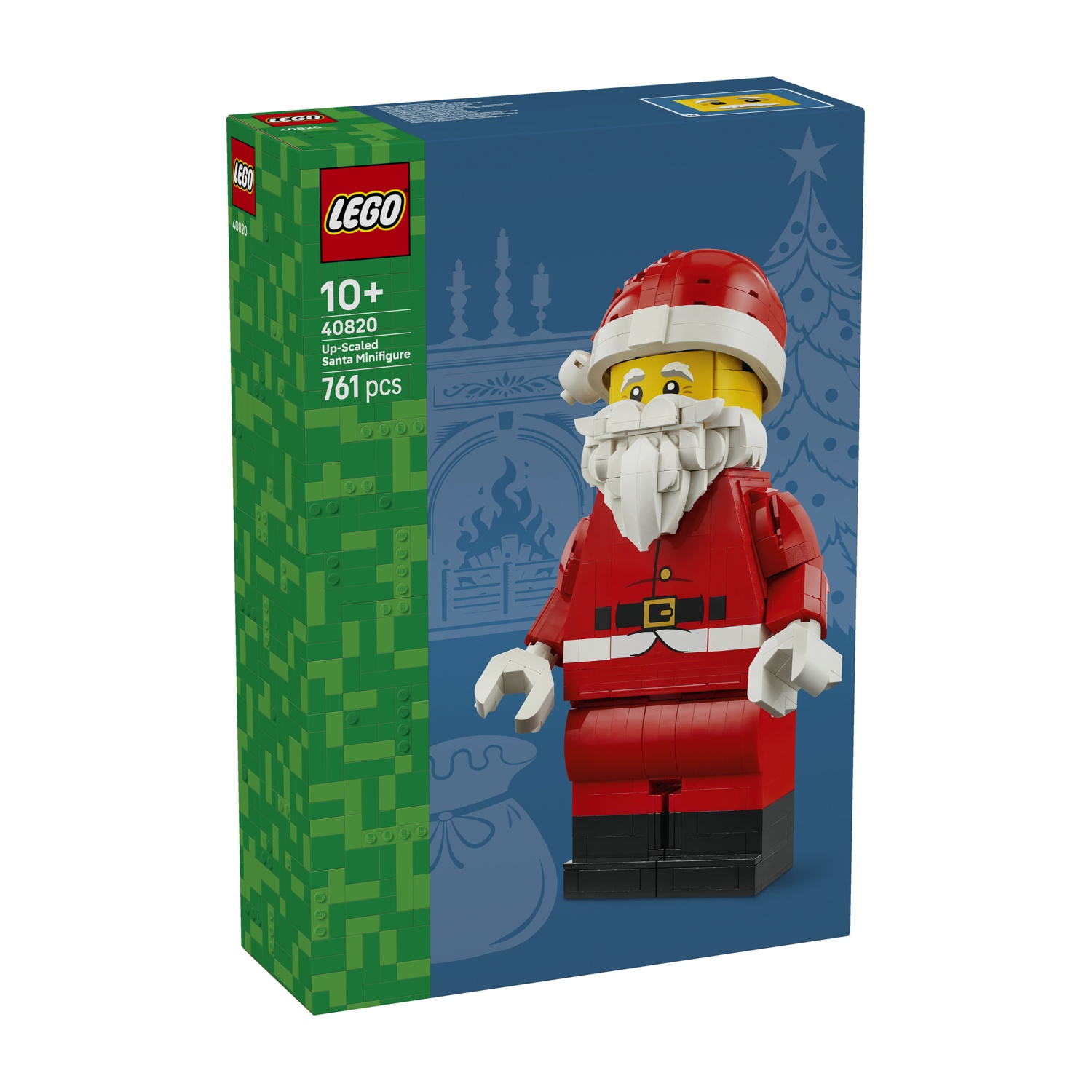 Scatola LEGO con una minifigura di Babbo Natale ingrandita con barba, vestito rosso e stivali neri.