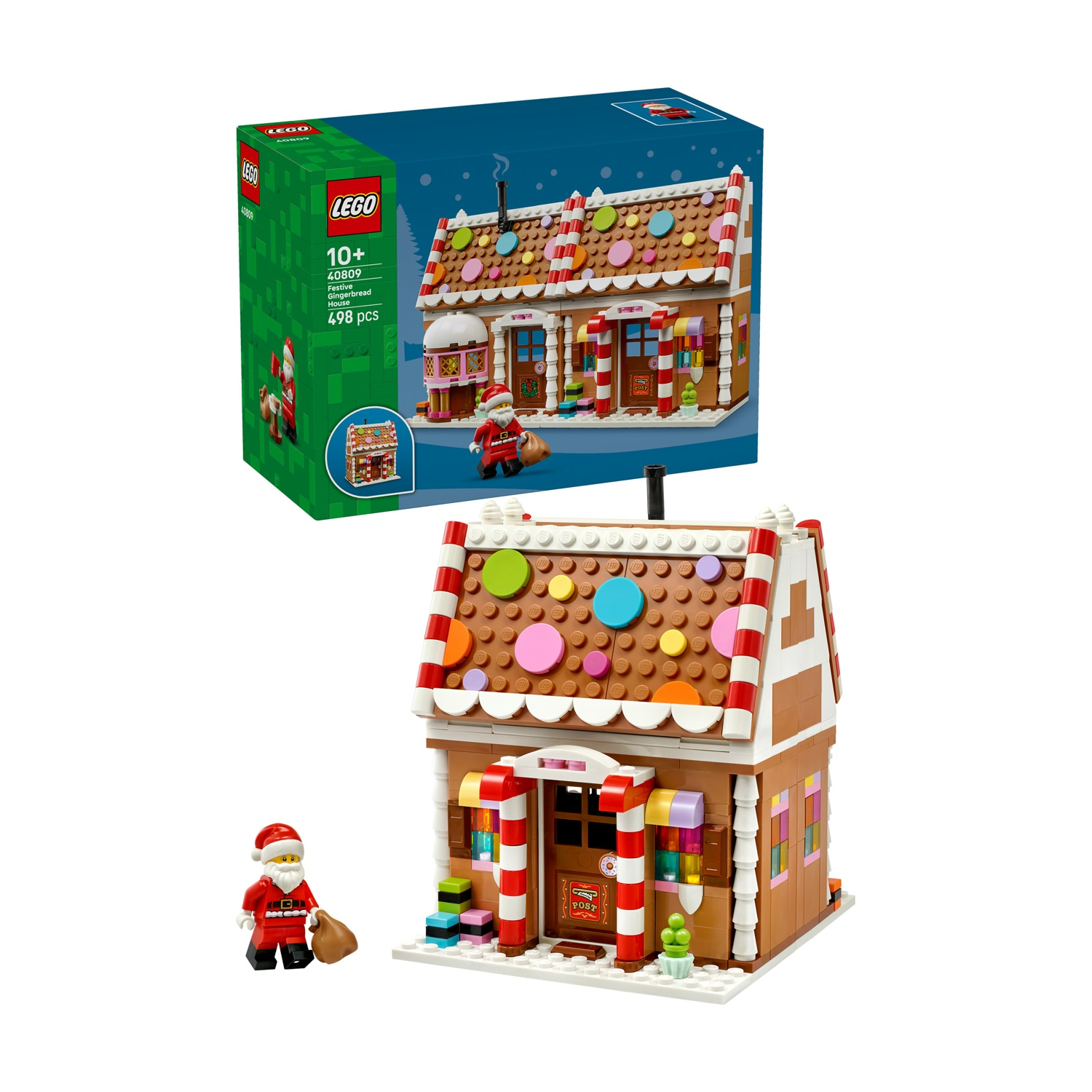 Set Lego casa di pan di zenzero festiva con decorazione tetto colorata e minifigure di Babbo Natale.