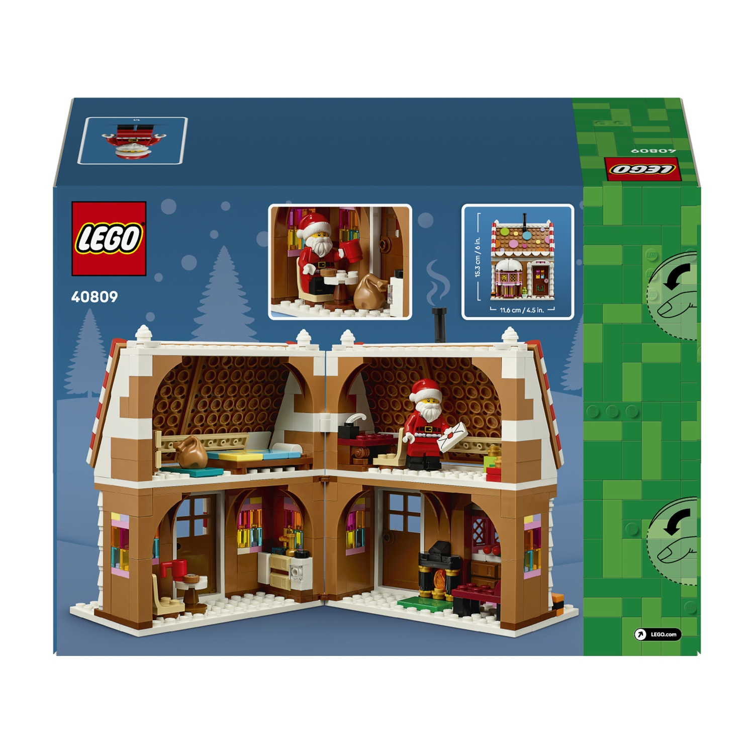 Scatola di set Lego che mostra una casa di pan di zenzero aperta con minifigure di Babbo Natale.
