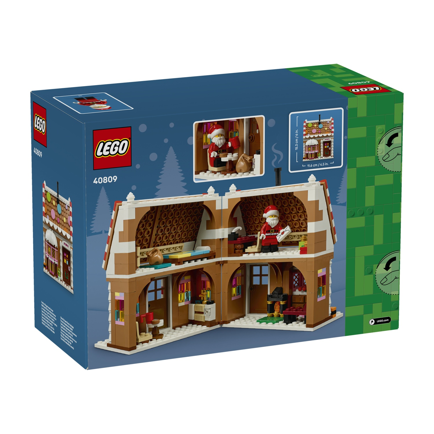 Scatola Lego di una casetta di marzapane natalizia con retro aperto che mostra mobili e una minifigura di Babbo Natale.