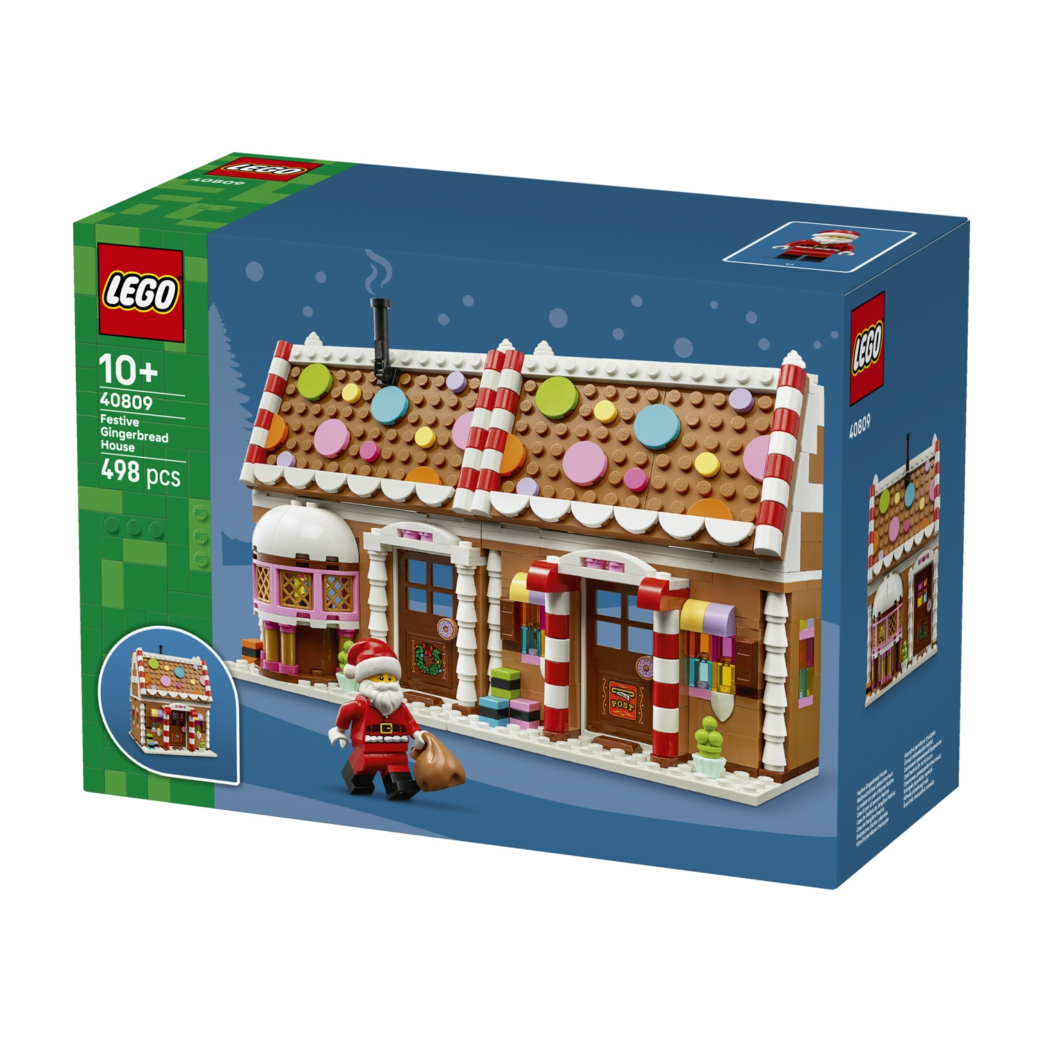 Scatola di set Lego con una casa di pan di zenzero festiva e una minifigura di Babbo Natale.