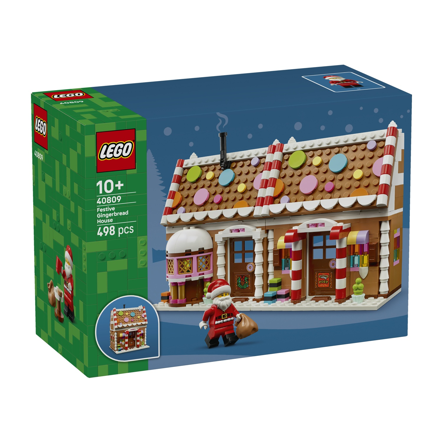 Scatola del set LEGO Casa di pan di zenzero festiva con la casa costruita, la minifigure di Babbo Natale e caramelle.
