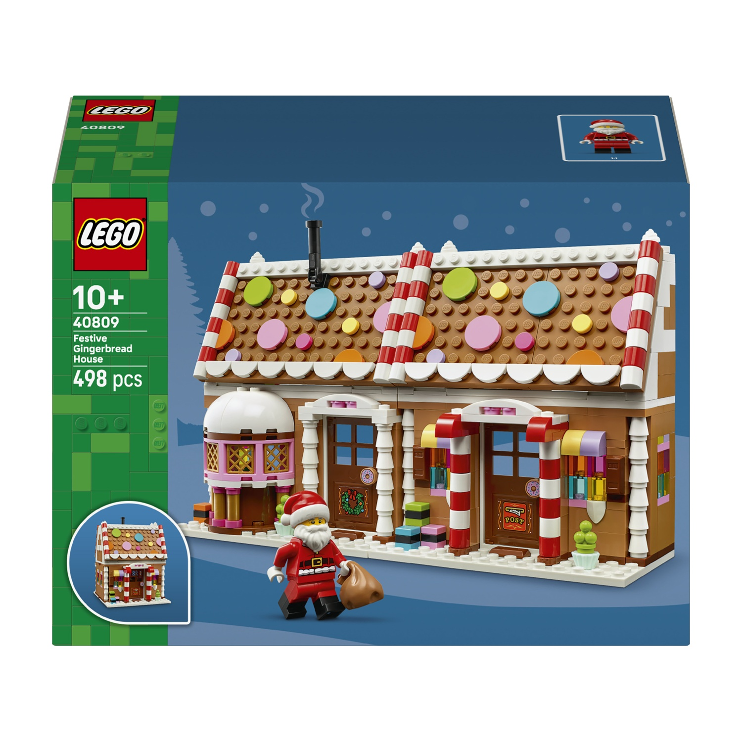 Scatola LEGO Casa di Pan di Zenzero Festiva con una minifigure di Babbo Natale.