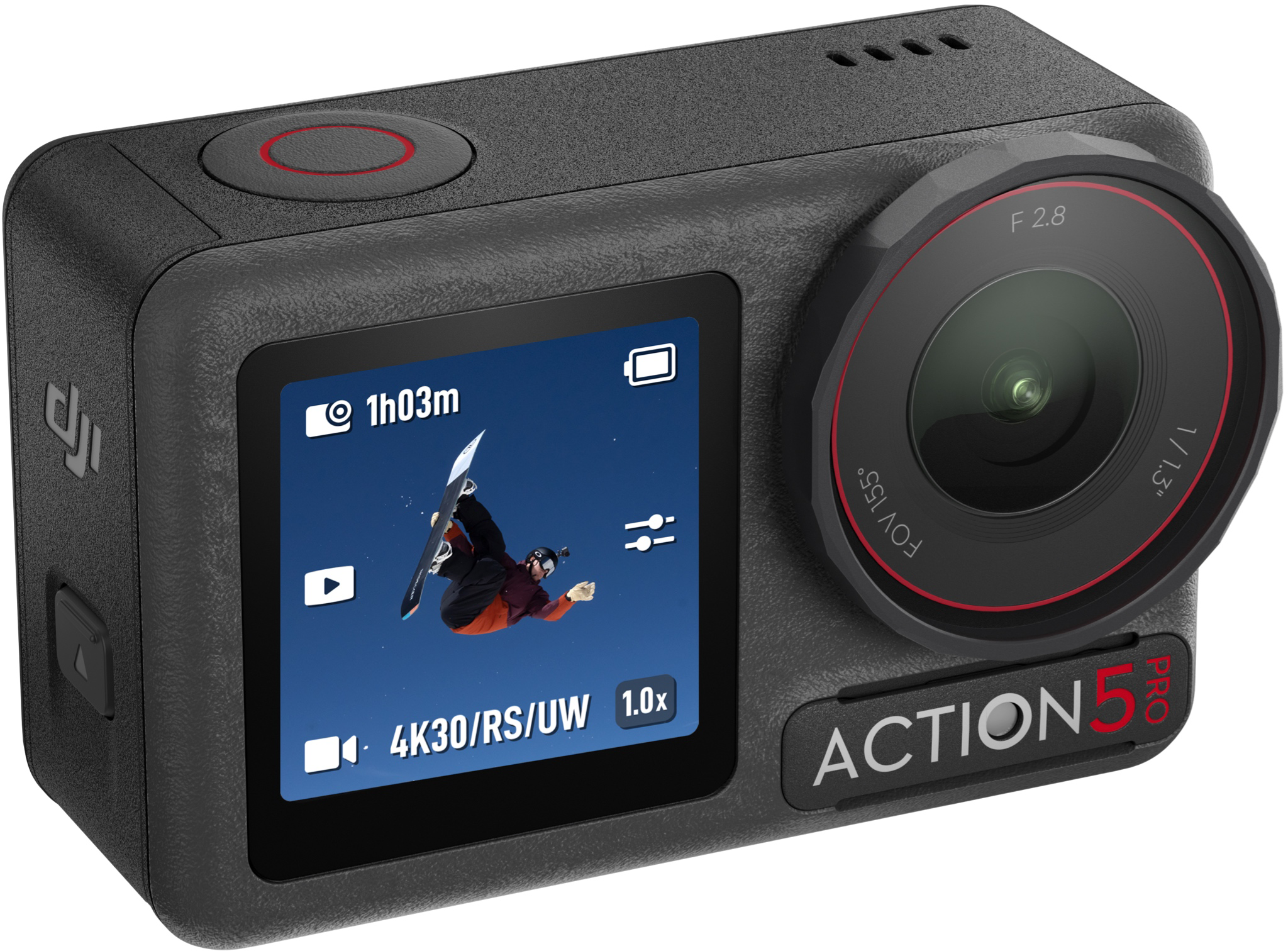 Fekete DJI Action 5 Pro kamera kerek lencsével és ugró snowboardost mutató kijelzővel.