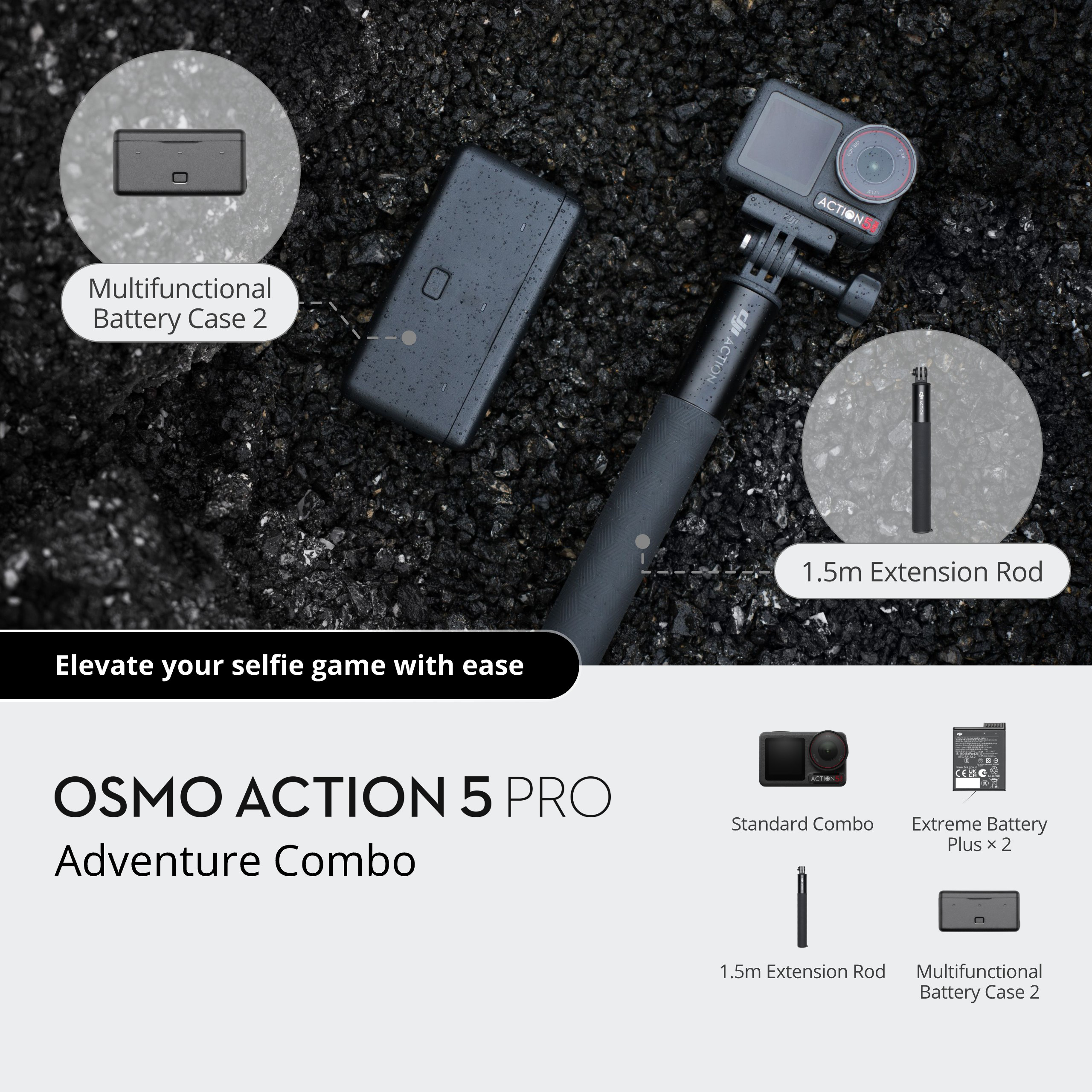 Osmo Action 5 Pro Adventure Combo kamerával, akkumulátortokkal és hosszabbító rúddal.