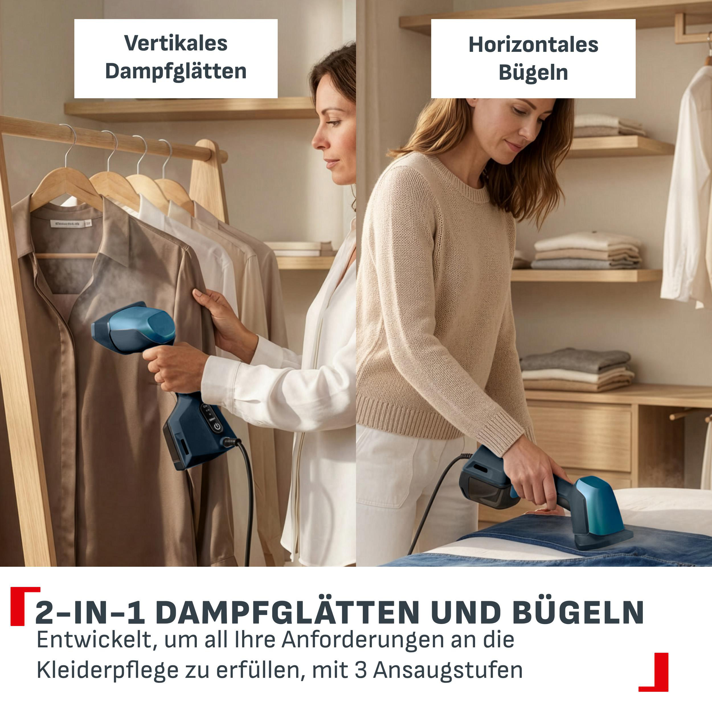 Eine Frau nutzt einen Handdampfglätter vertikal und horizontal für Kleidung in einem Raum.