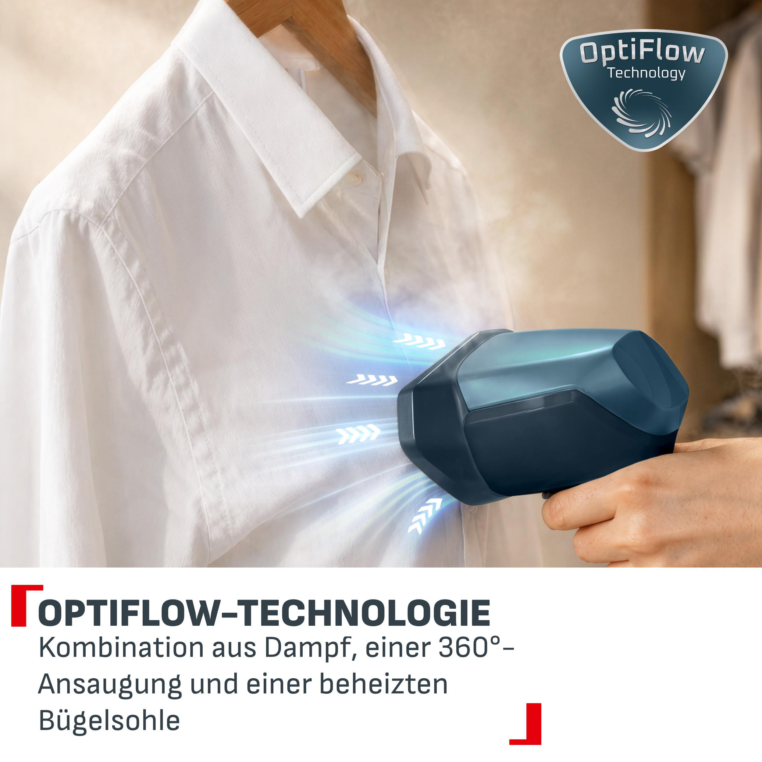 Handdampfgarer glättet ein weißes Hemd mit OptiFlow-Technologie.