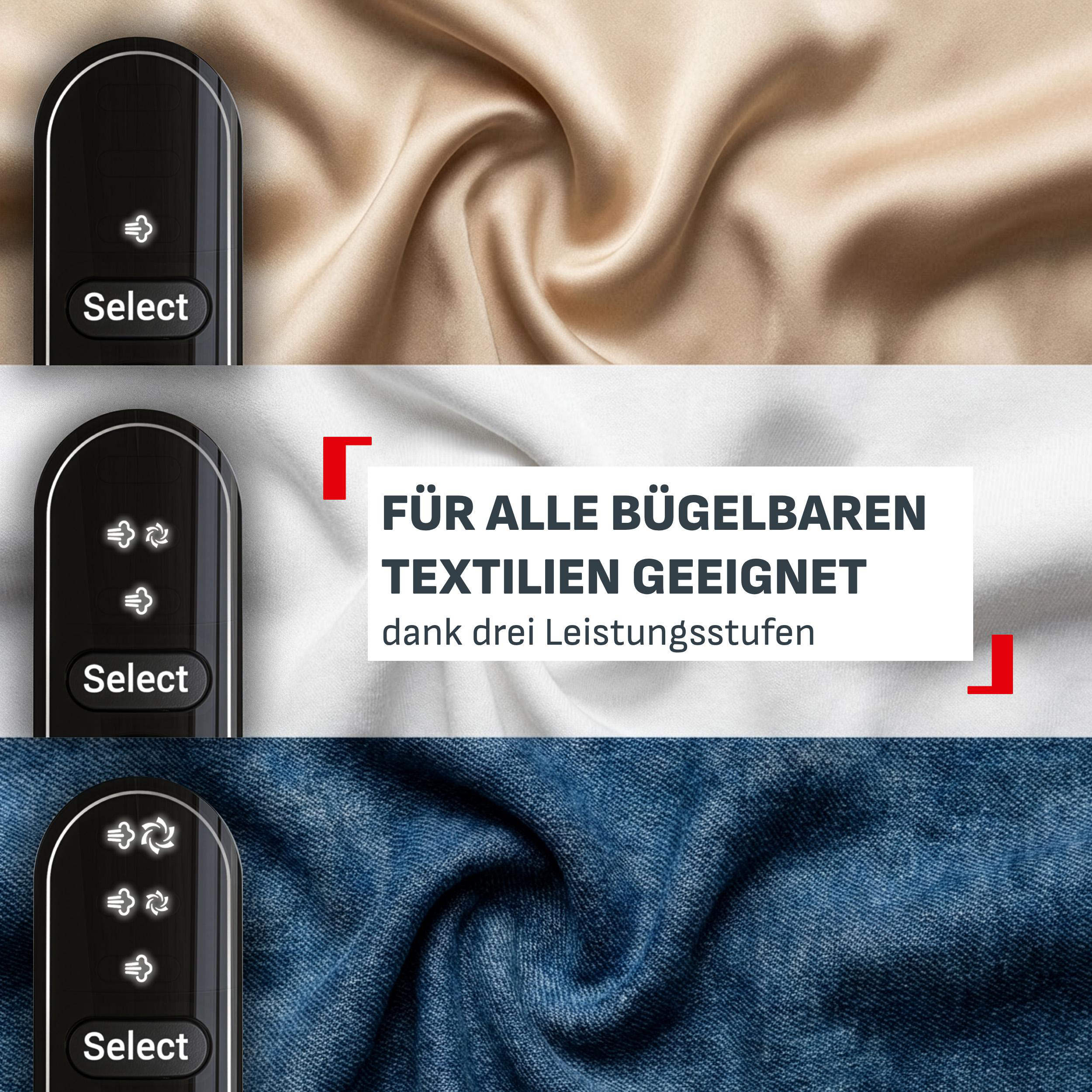 Bedienelement mit drei Leistungsstufen vor Textilien in Beige, Weiss und Denim.