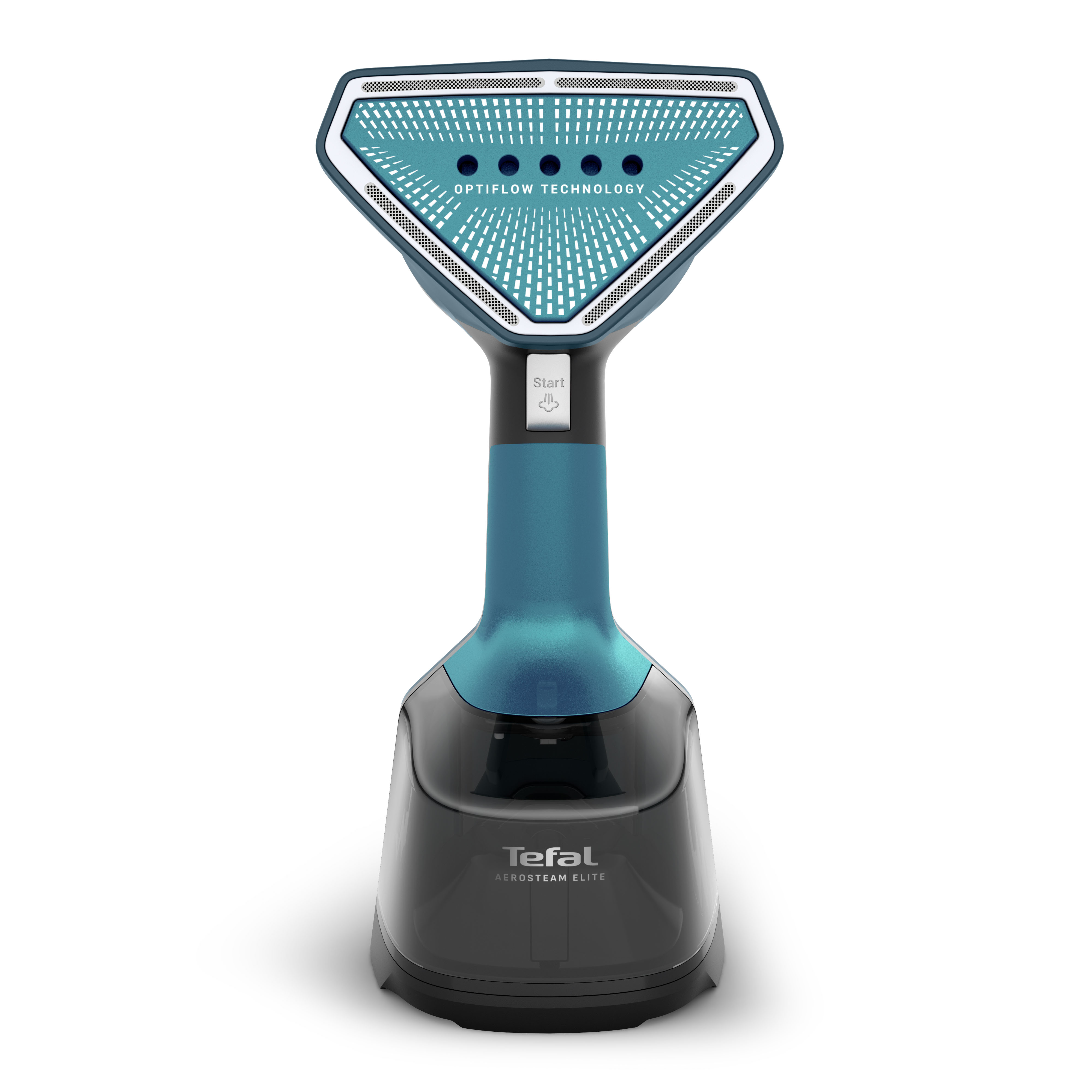 Ein blau-schwarzer Tefal-Dampfglätter mit dreieckigem Kopf und transparentem Wassertank auf weißem Hintergrund.