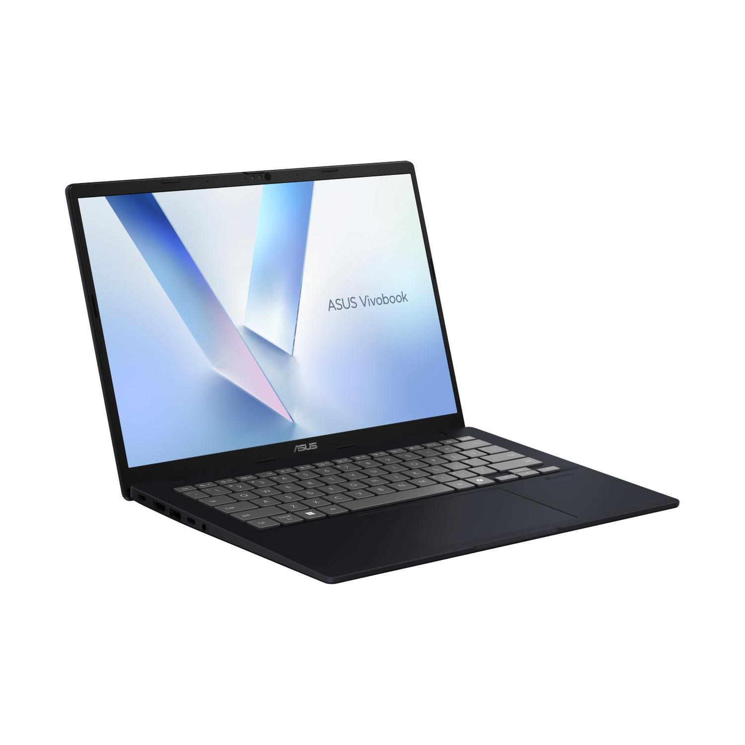 Laptop ASUS Vivobook nero aperto su sfondo bianco con sfondo astratto blu.