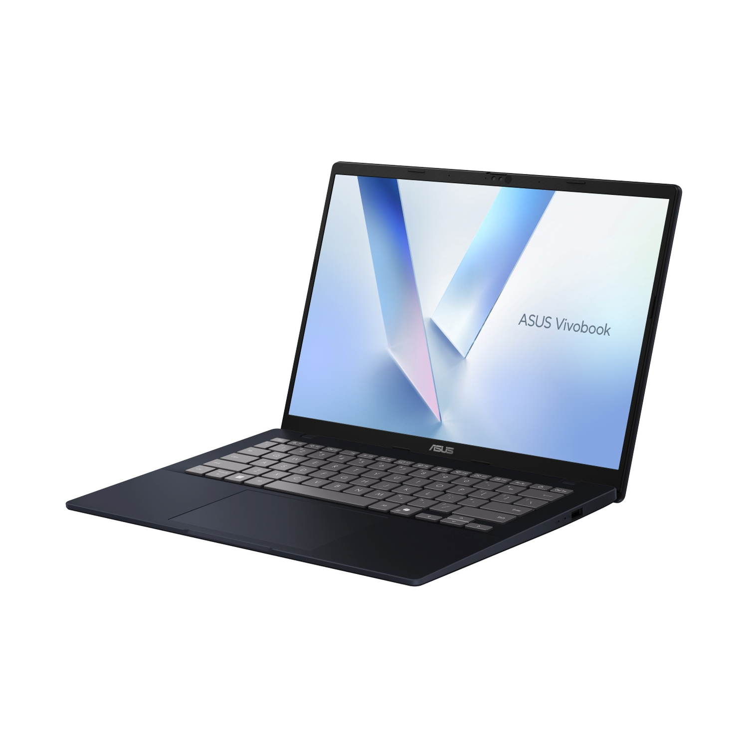 Un computer portatile ASUS Vivobook blu aperto su sfondo bianco mostra un salvaschermo luminoso.