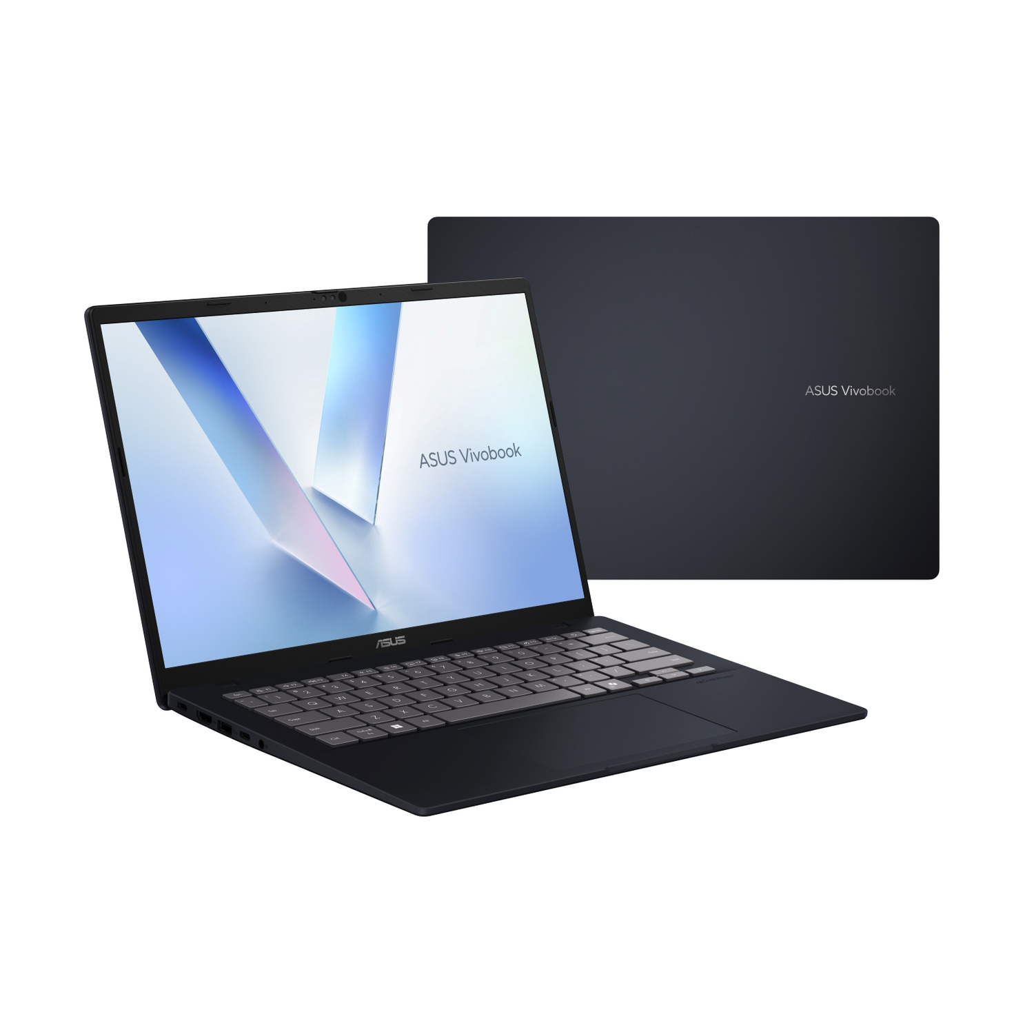 Portatile Asus Vivobook nero con schermo aperto che mostra uno sfondo astratto blu e bianco.