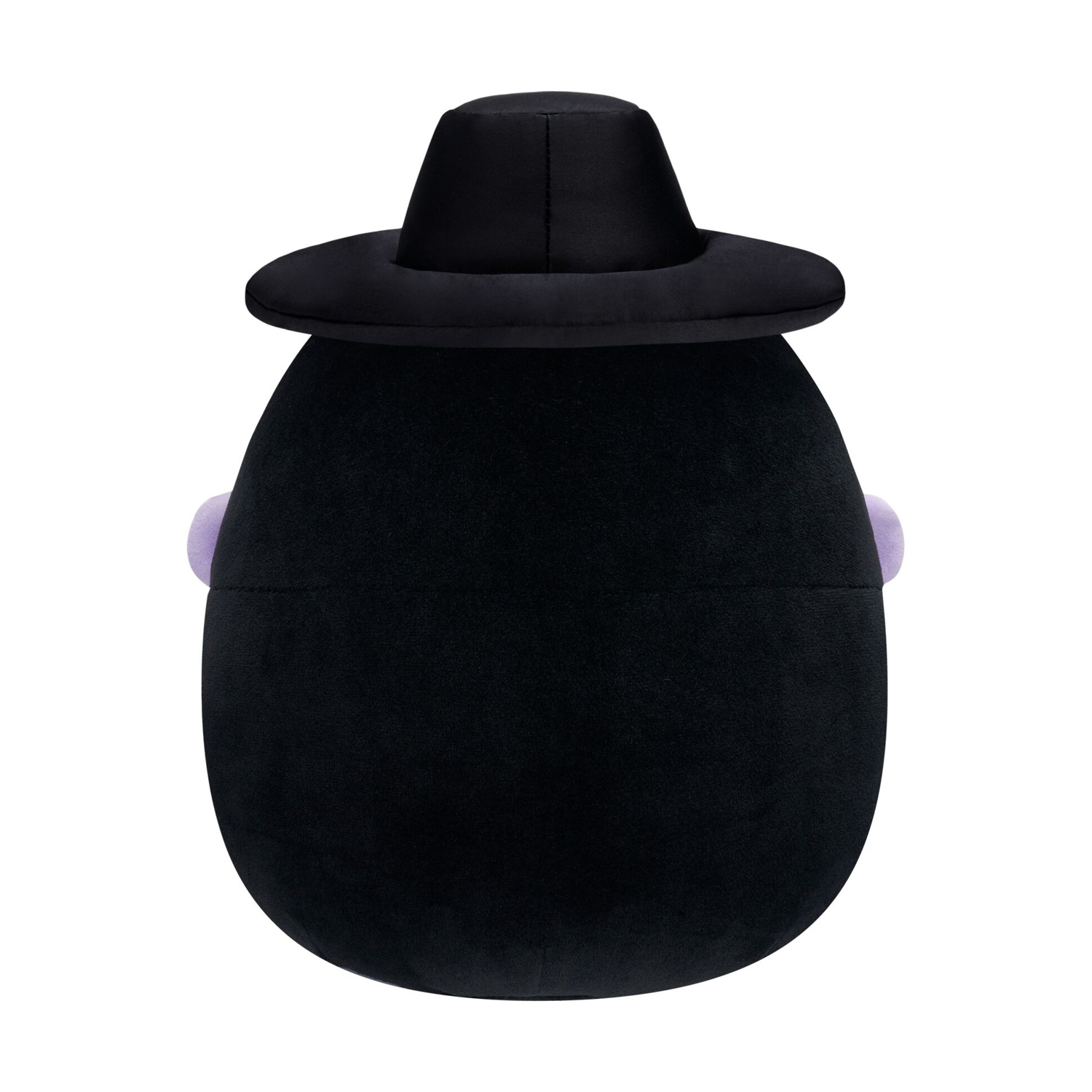 Vista posteriore di un peluche rotondo e nero con cappello su fondo bianco.