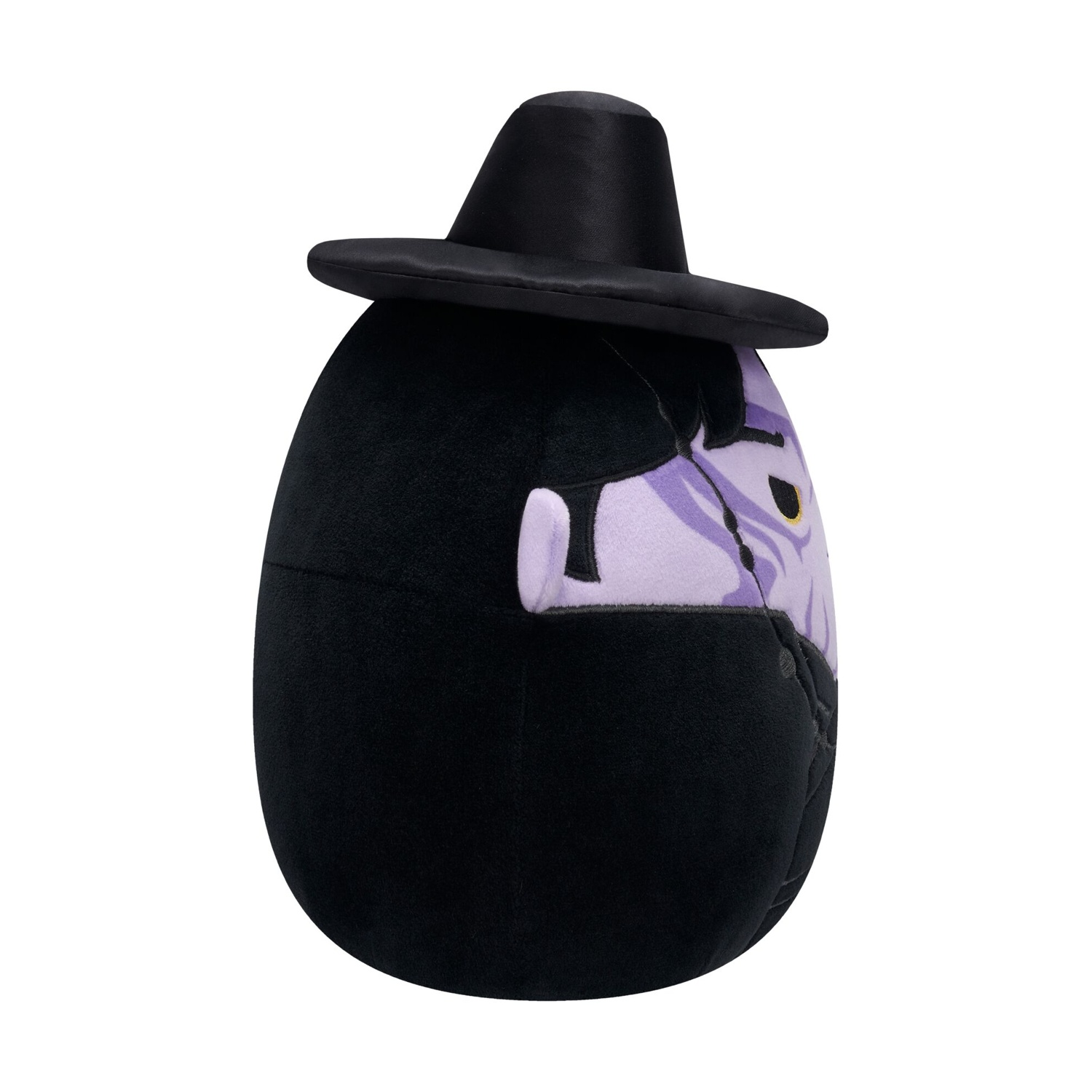Peluche nero rotondo con cappello nero e viso viola su sfondo bianco.
