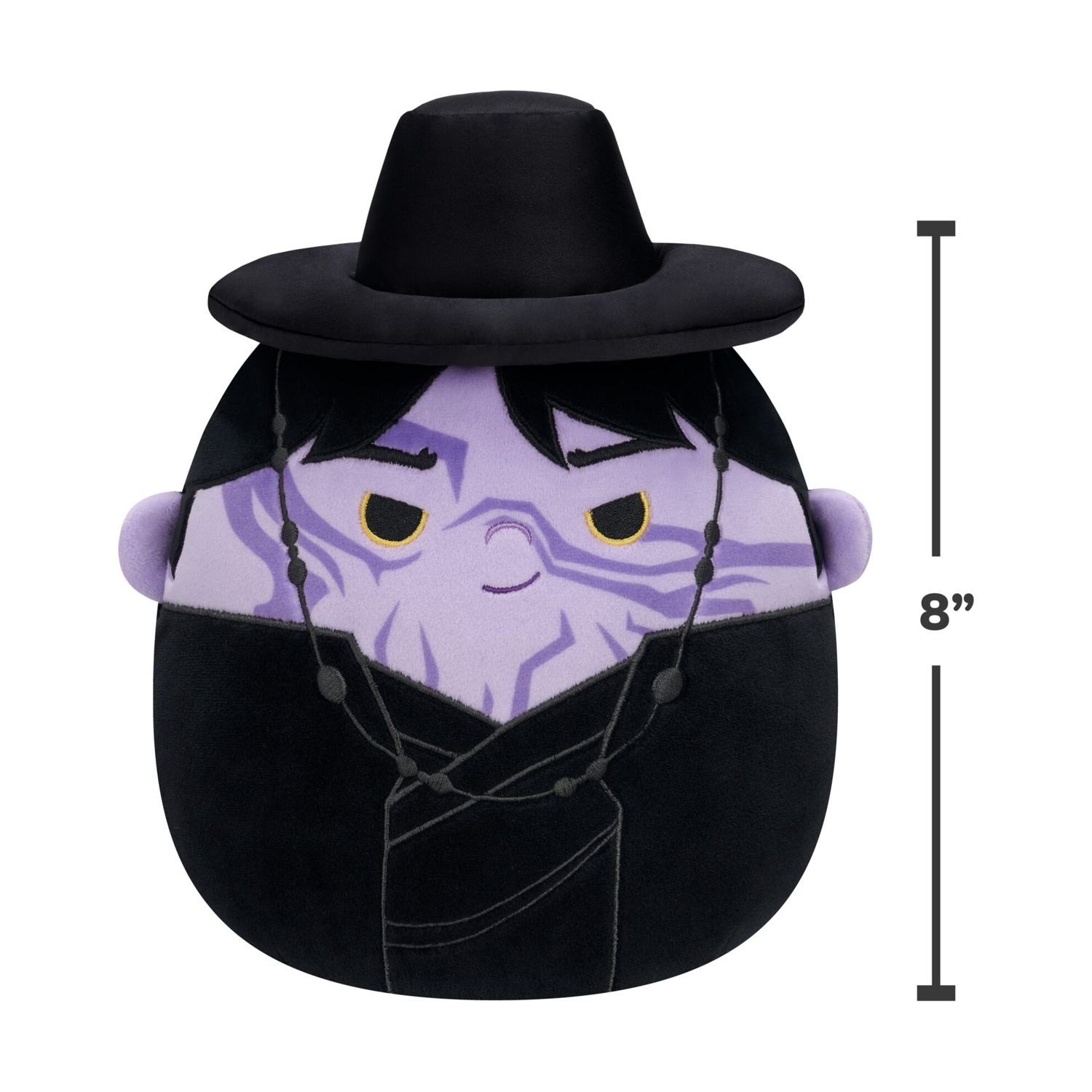 Peluche viola con cappello nero, collana e dettagli, alto 8 pollici.