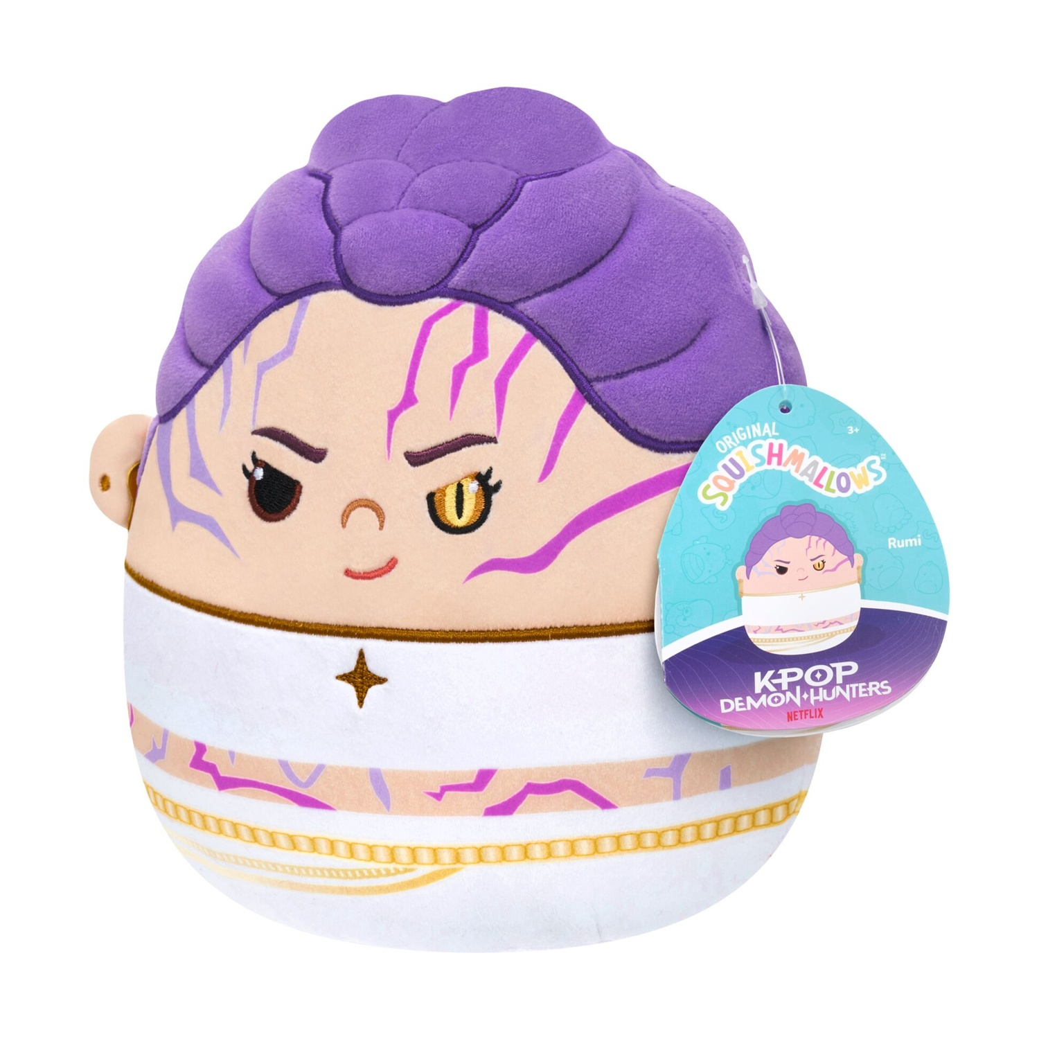 Un peluche dai capelli viola con tatuaggi sul viso e un'etichetta.