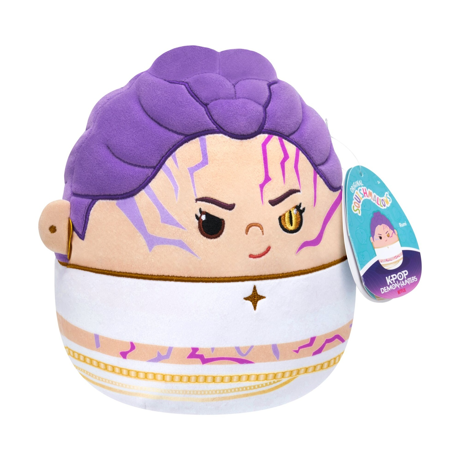 Peluche Squishmallow con capelli viola, segni facciali viola e top bianco.