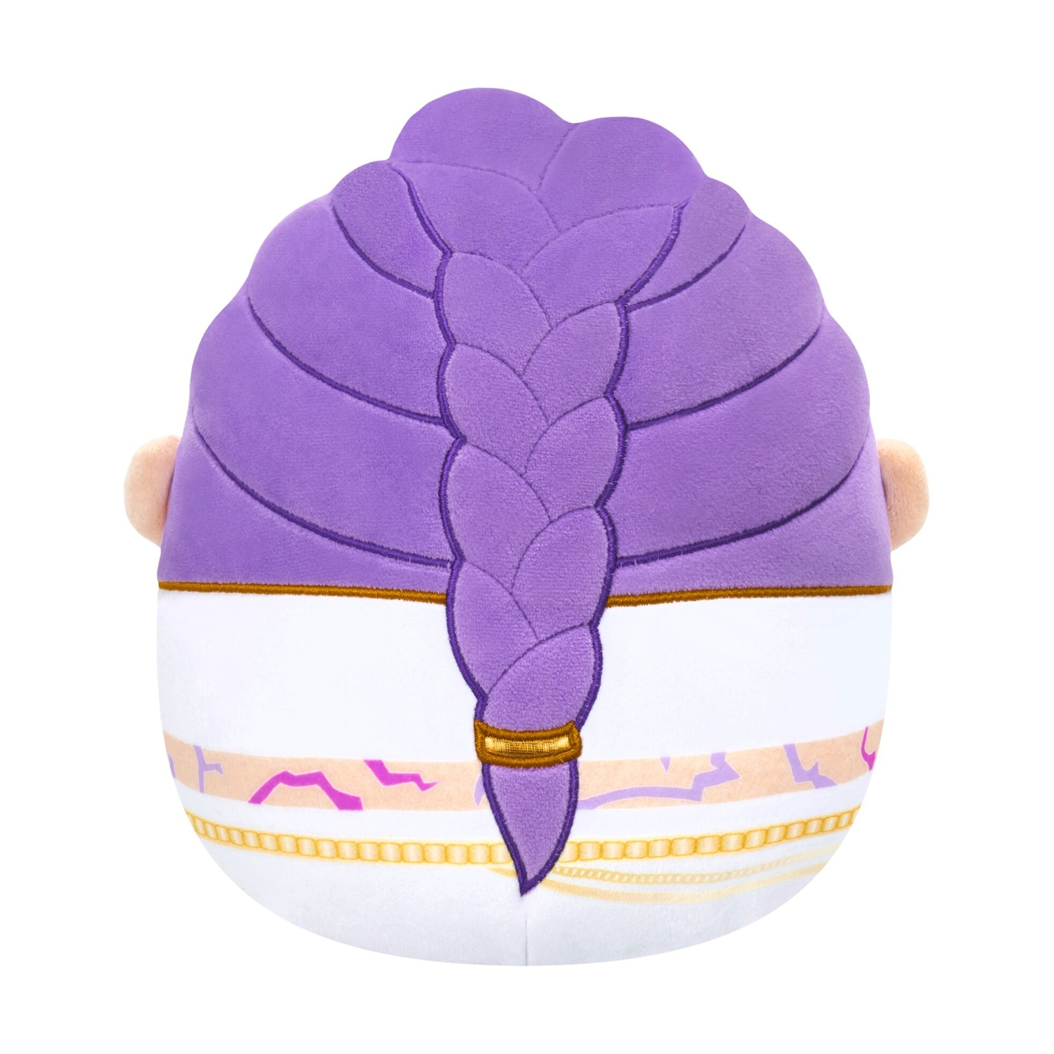Vista posteriore di un peluche rotondo viola e bianco con capelli intrecciati, dettagli dorati e due piccole orecchie.