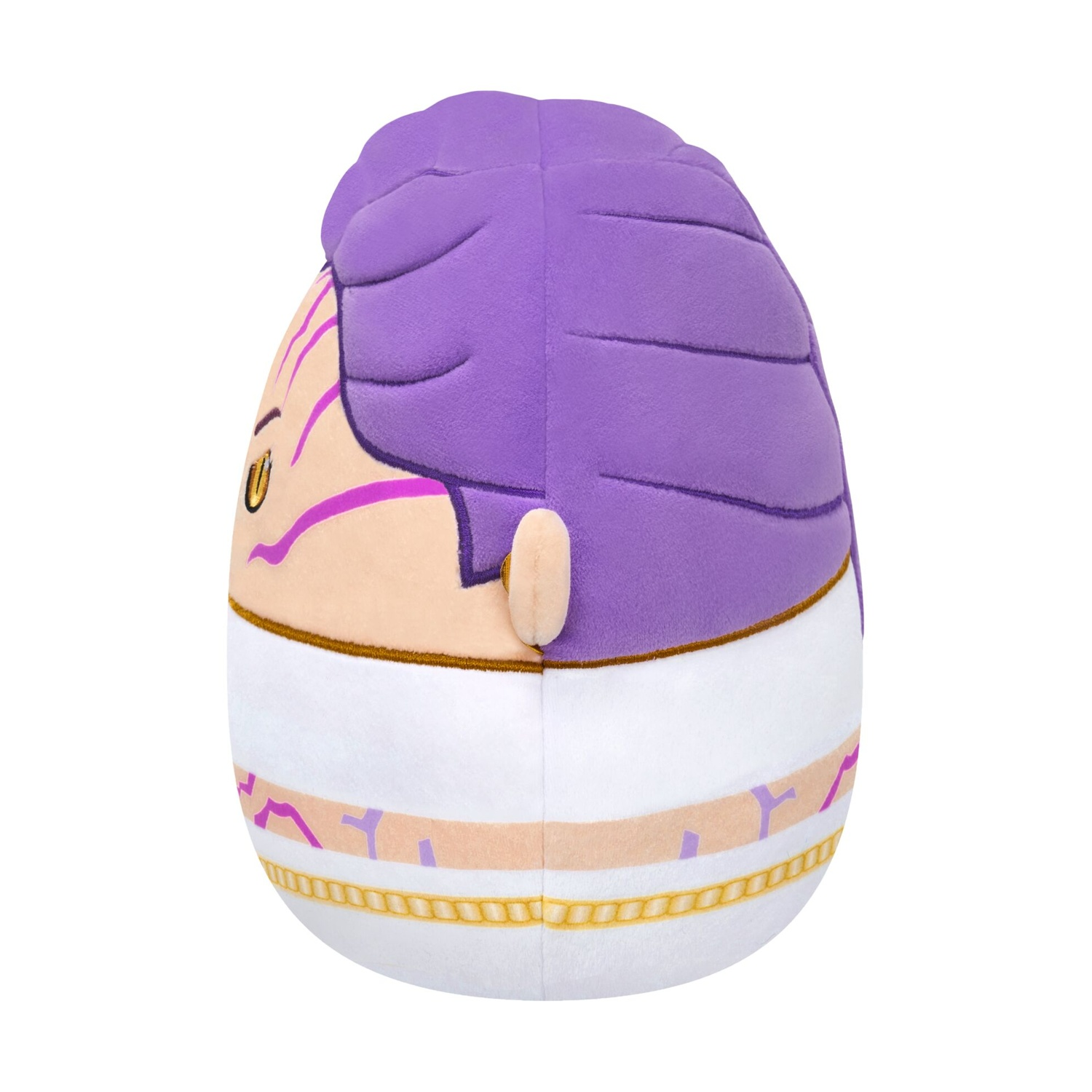 Un peluche a forma di personaggio anime con capelli viola, abiti bianchi e segni viola.