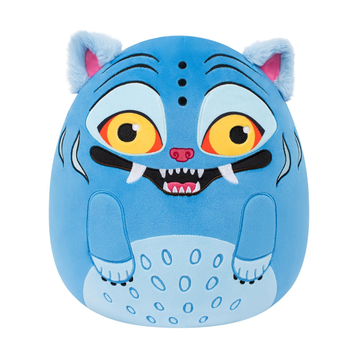 Un peluche mostro blu rotondo con grandi occhi gialli, zanne affilate e pancia maculata su sfondo bianco.