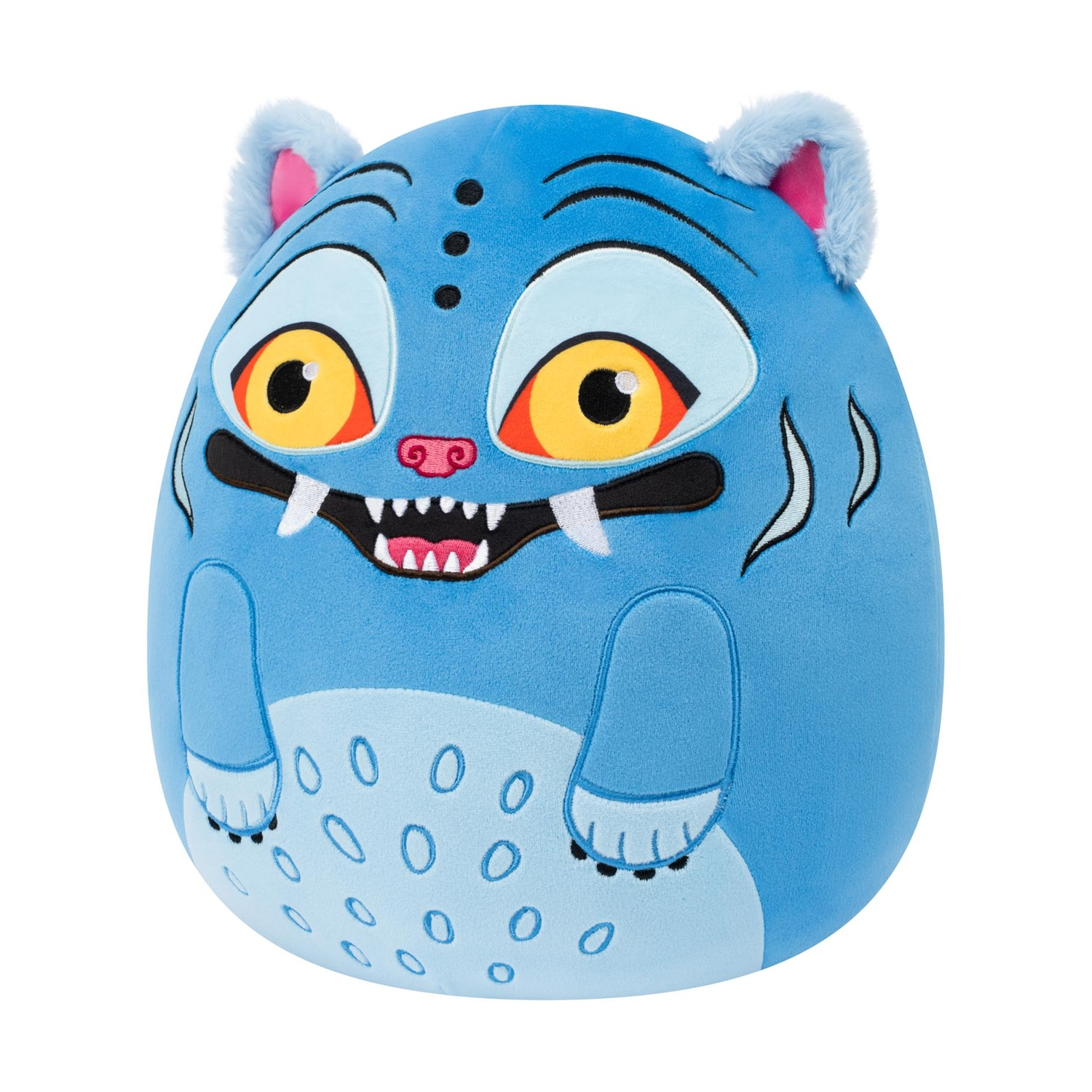 Un peluche rotondo blu con grandi occhi gialli, zanne bianche e macchie sulla pancia.