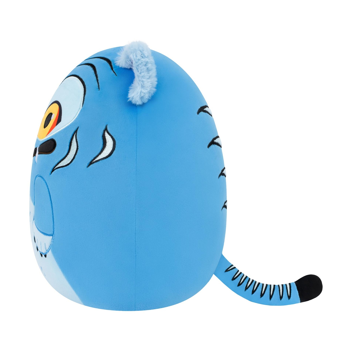 Una tigre di peluche blu con coda a righe, macchie bianche e grandi occhi su sfondo bianco.