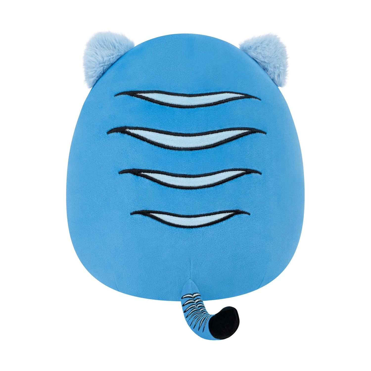 Il retro di un peluche blu con strisce nere e una piccola coda.