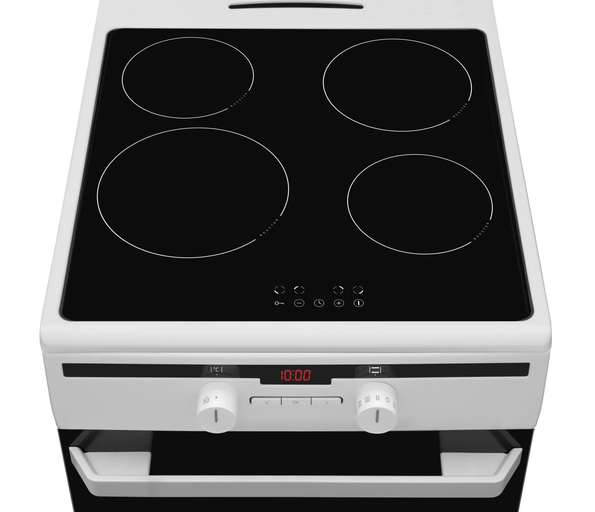 Biała kuchenka elektryczna z czarną płytą ceramiczną, czterema polami, panelem dotykowym i wyświetlaczem LED.