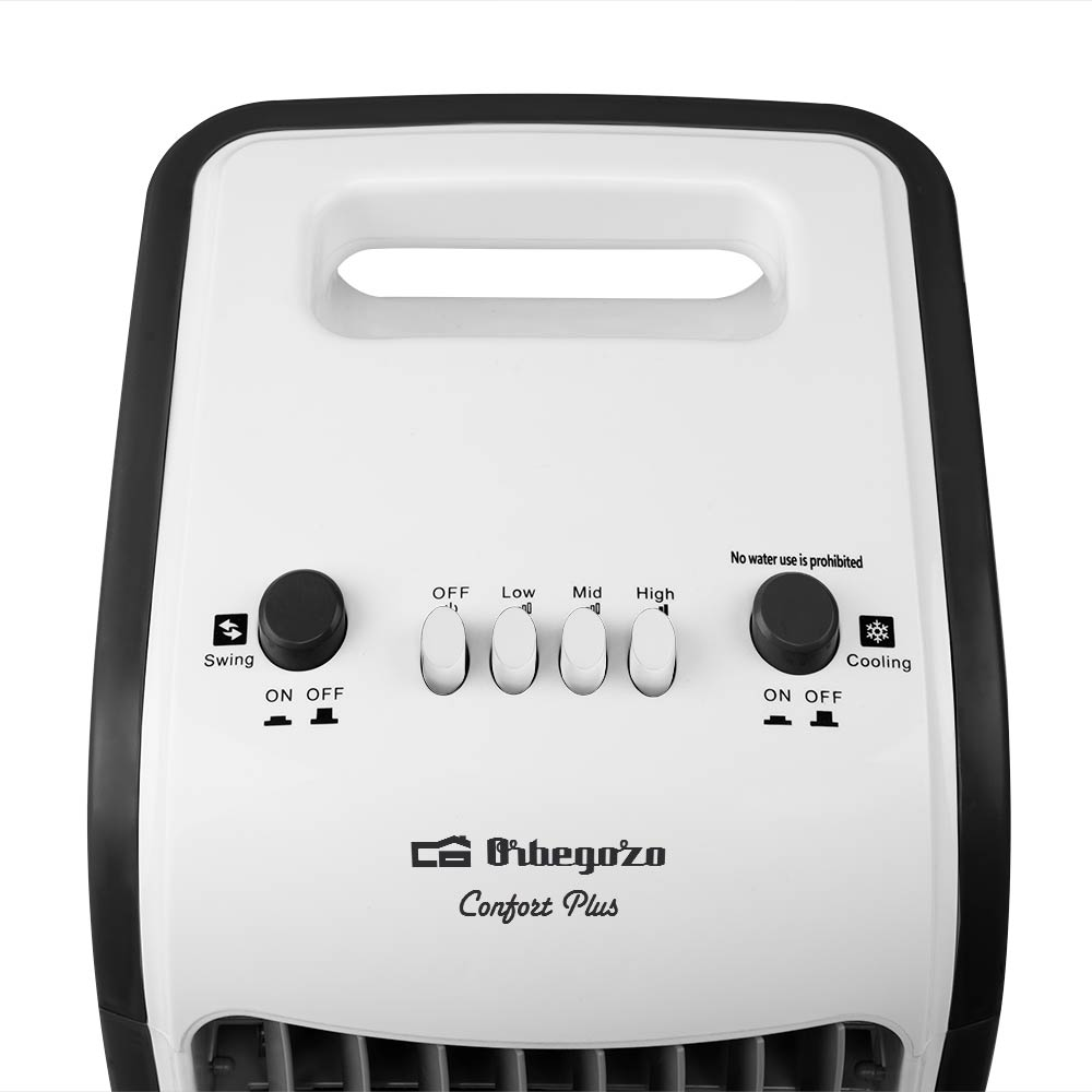 Vista superior del panel de control de un enfriador de aire blanco y negro Orbegozo Confort Plus.