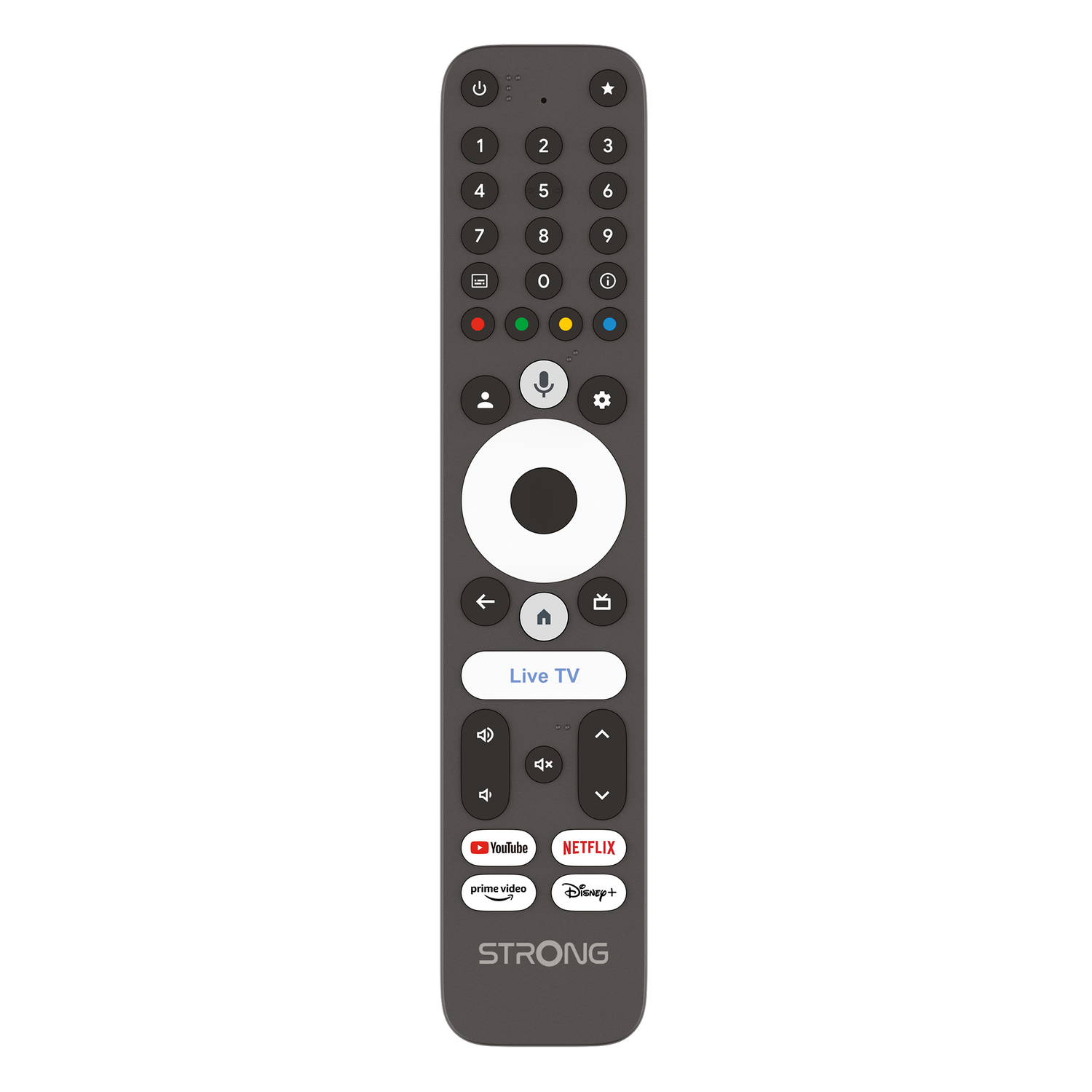 Control remoto Strong gris oscuro con anillo de navegación blanco y botones coloridos sobre fondo negro.