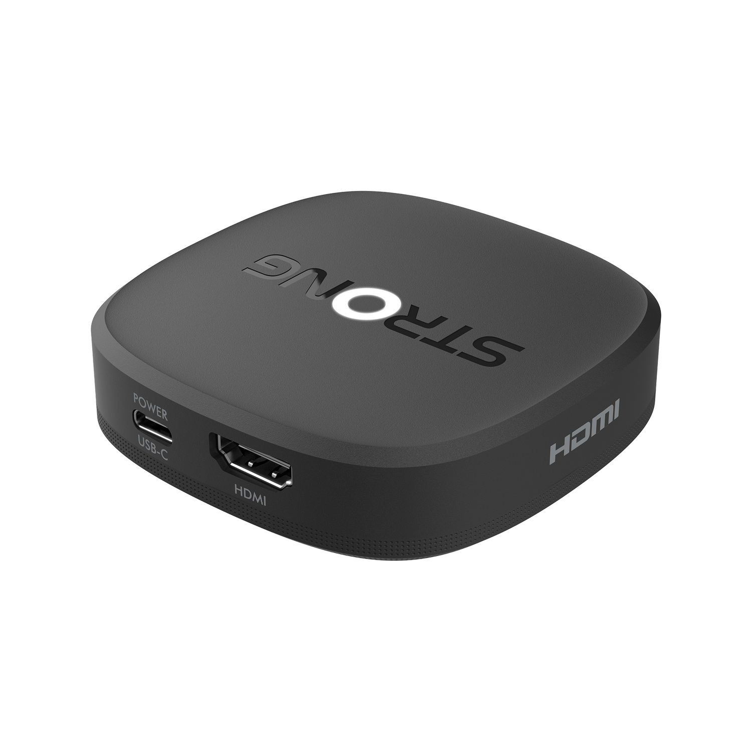 Caja de streaming Strong negra con puertos USB-C, HDMI y O brillante.