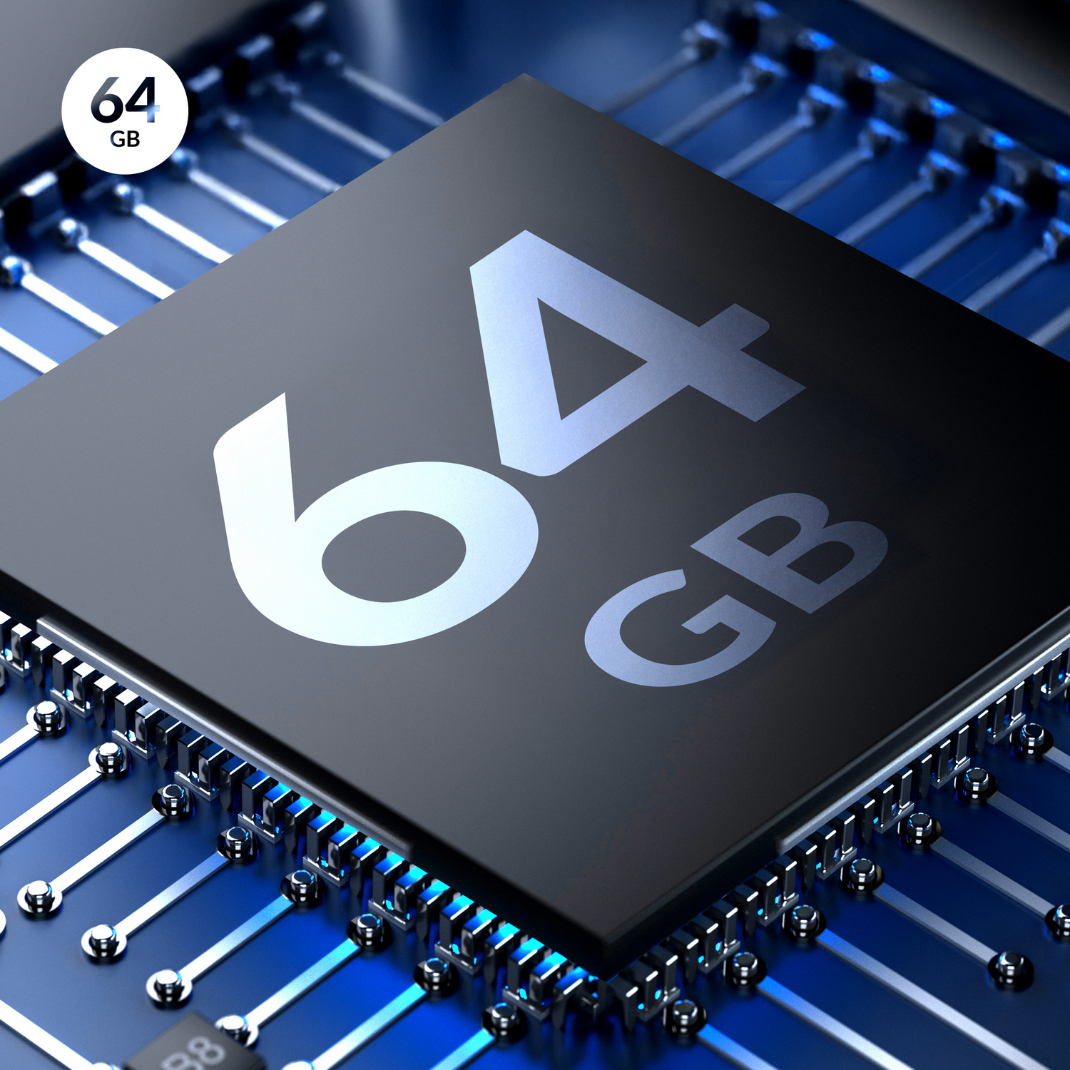 Un microprocesador azul con la etiqueta 64 GB descansa sobre una placa de circuito con trazas eléctricas.