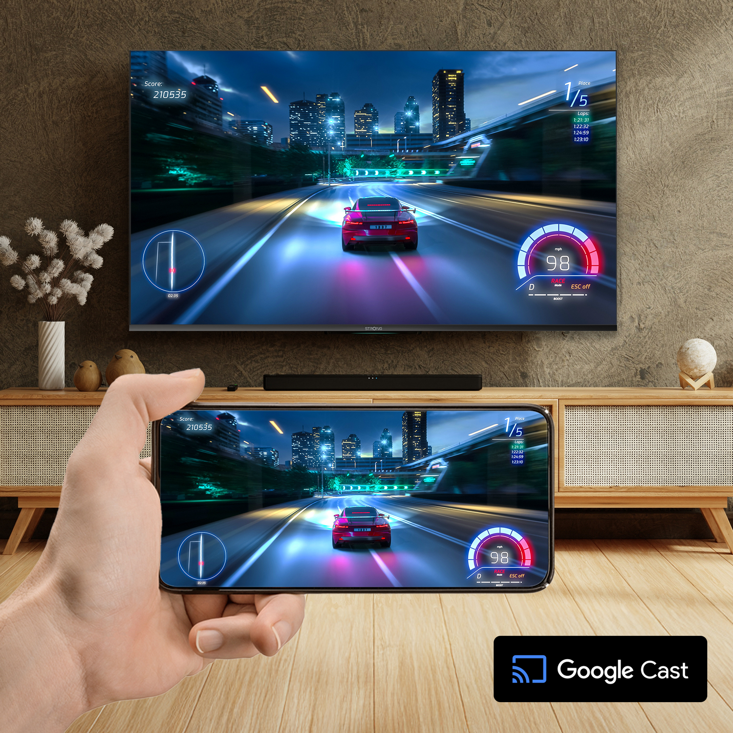Un smartphone muestra un juego de carreras mediante Google Cast, reflejándolo en el televisor.