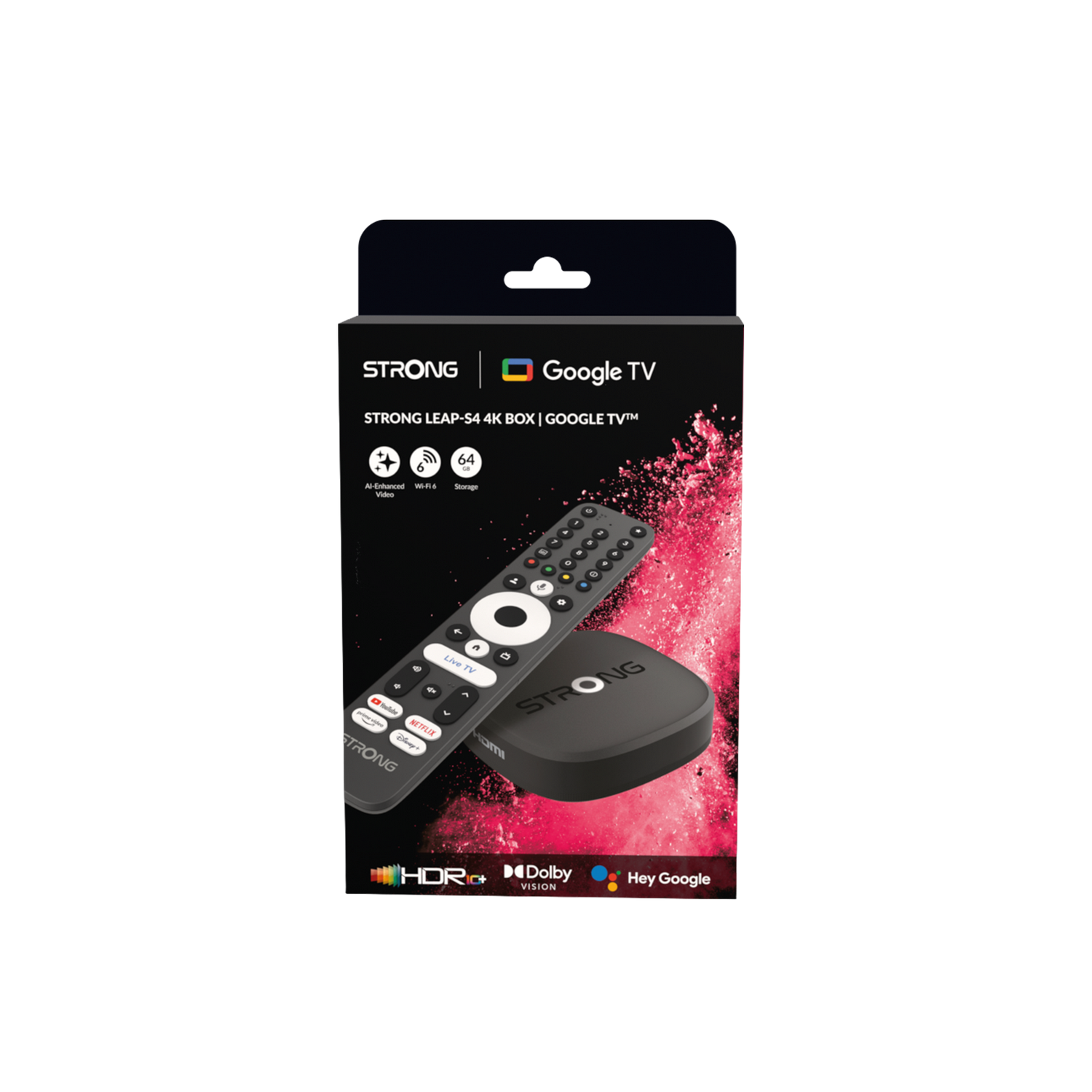 Empaque de Strong Leap-S4 4K Box con Google TV, mostrando control remoto y dispositivo de streaming redondo sobre fondo rojo.