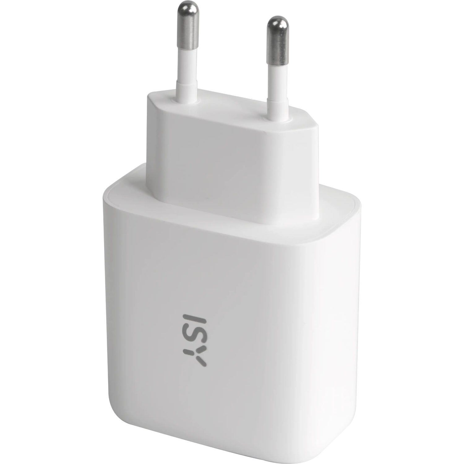 Cargador USB blanco con enchufe europeo y logo ISY gris sobre fondo negro.