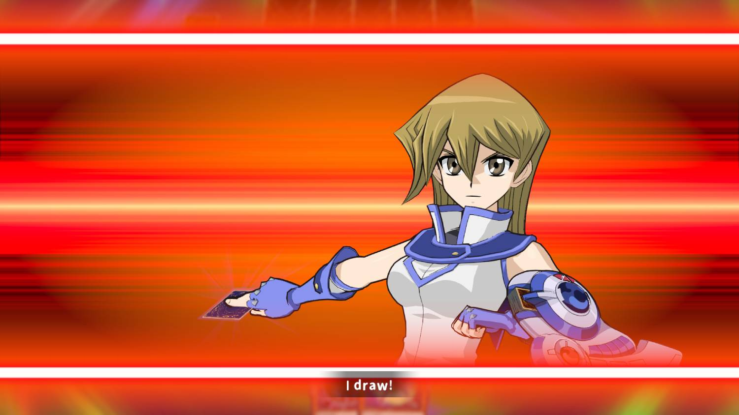 Mujer de anime en blanco y azul roba una carta con fondo rojo.